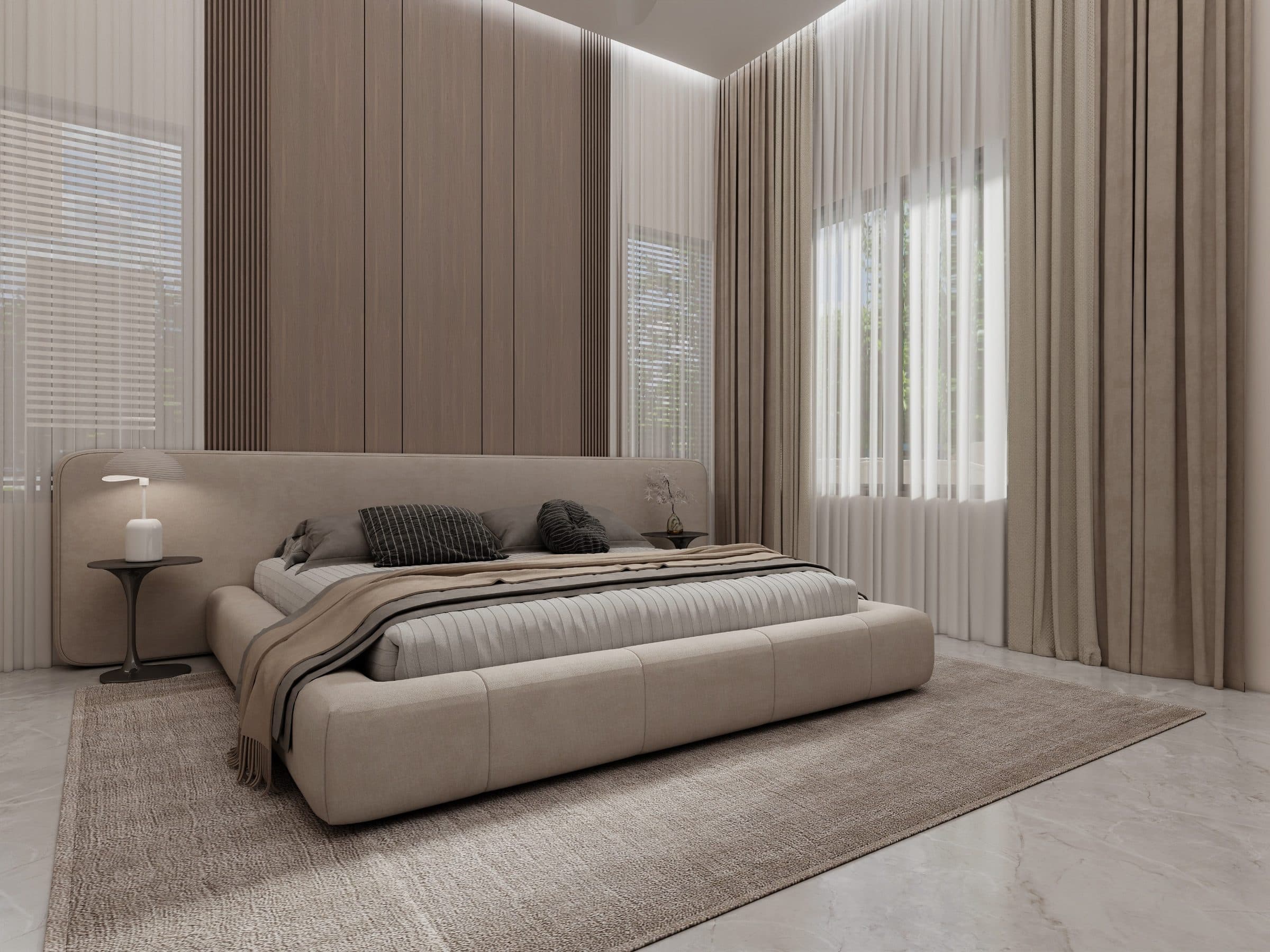 Low platform bed against an oak-planked headboard wall, with layered blinds and sheers at the corner windows