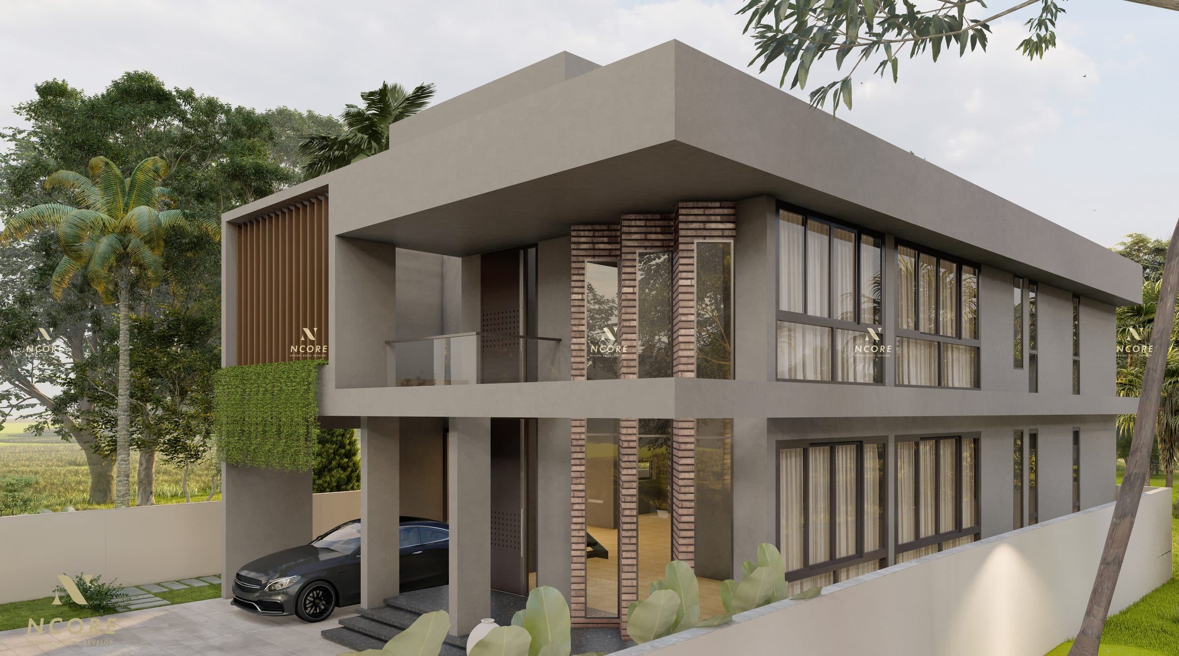 The long side elevation seen from the corner, glazed almost continuously beneath the overhang with paddy fields beyond