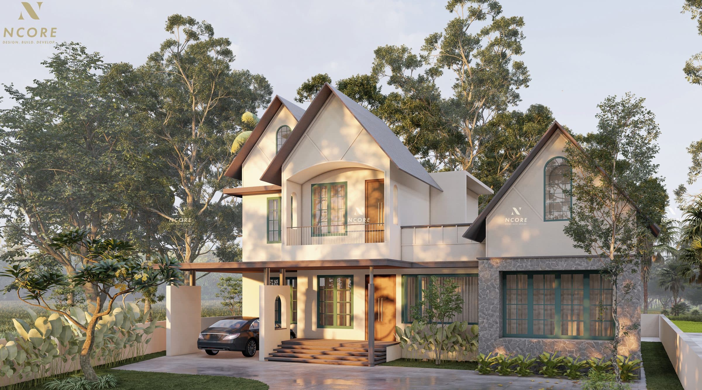 The same house from an angle in evening light, the timber entrance steps and balcony catching the sun