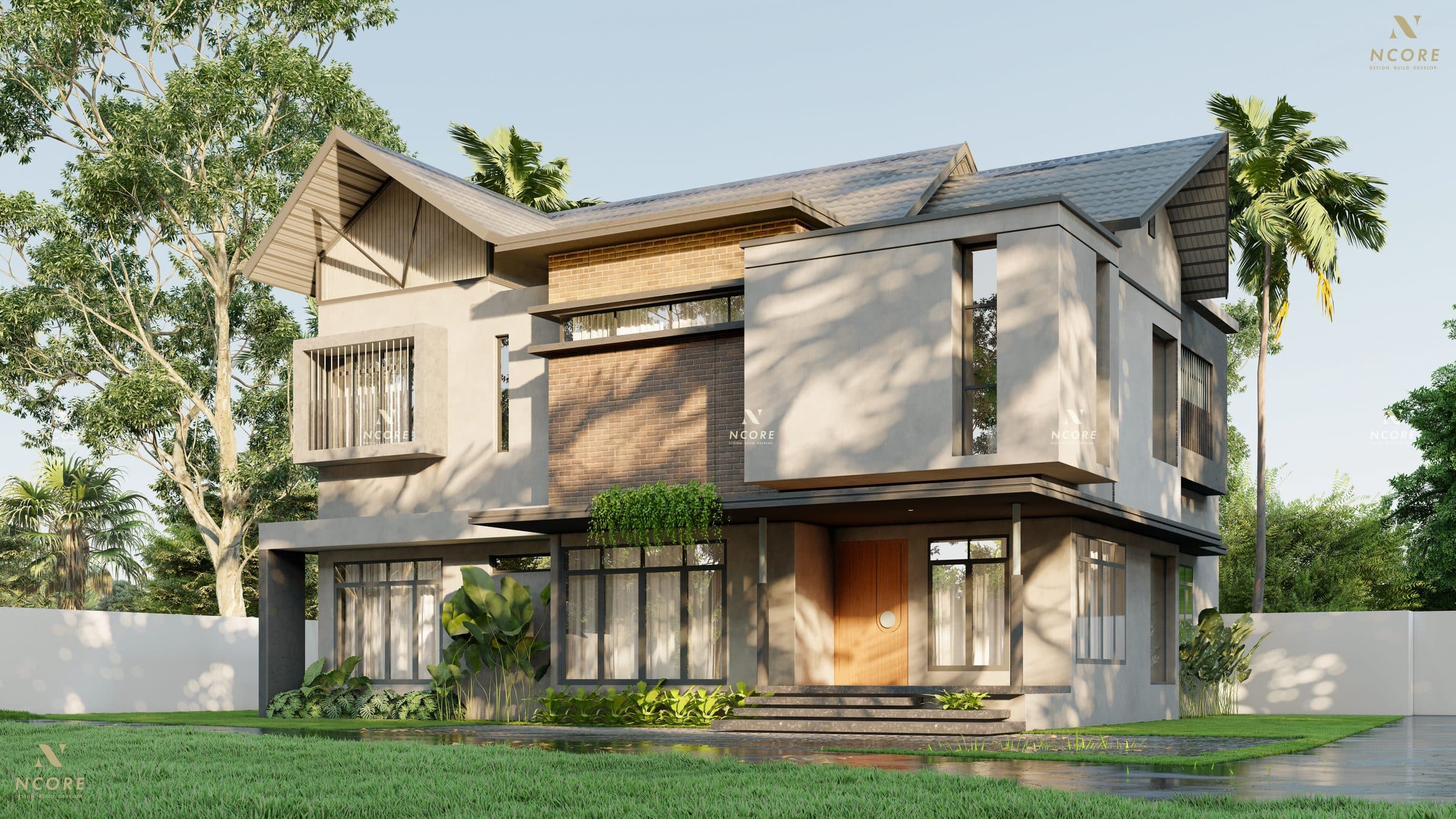 The same house from an angle, the projecting first-floor box over the entrance and the timber front door in shadow