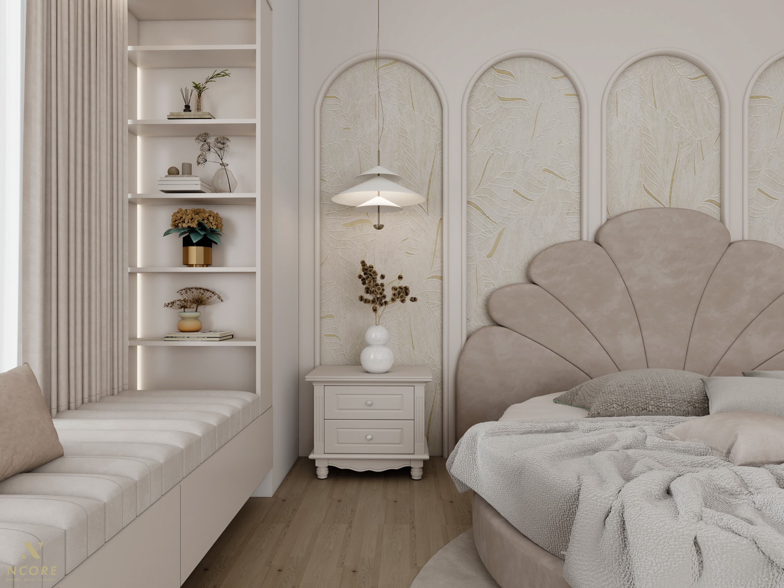 Backlit shelving above a long upholstered window seat, with a fluted bedside table against the arched leaf-relief panels