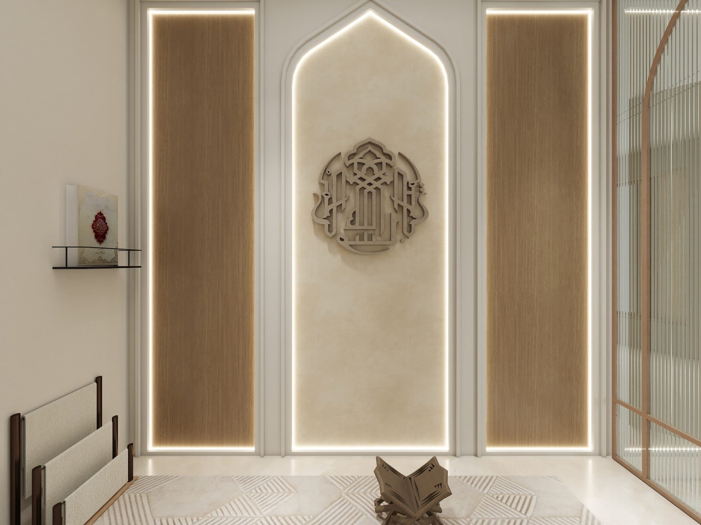Prayer room with an arched niche and calligraphy roundel lit from the reveal, flanked by backlit oak panels