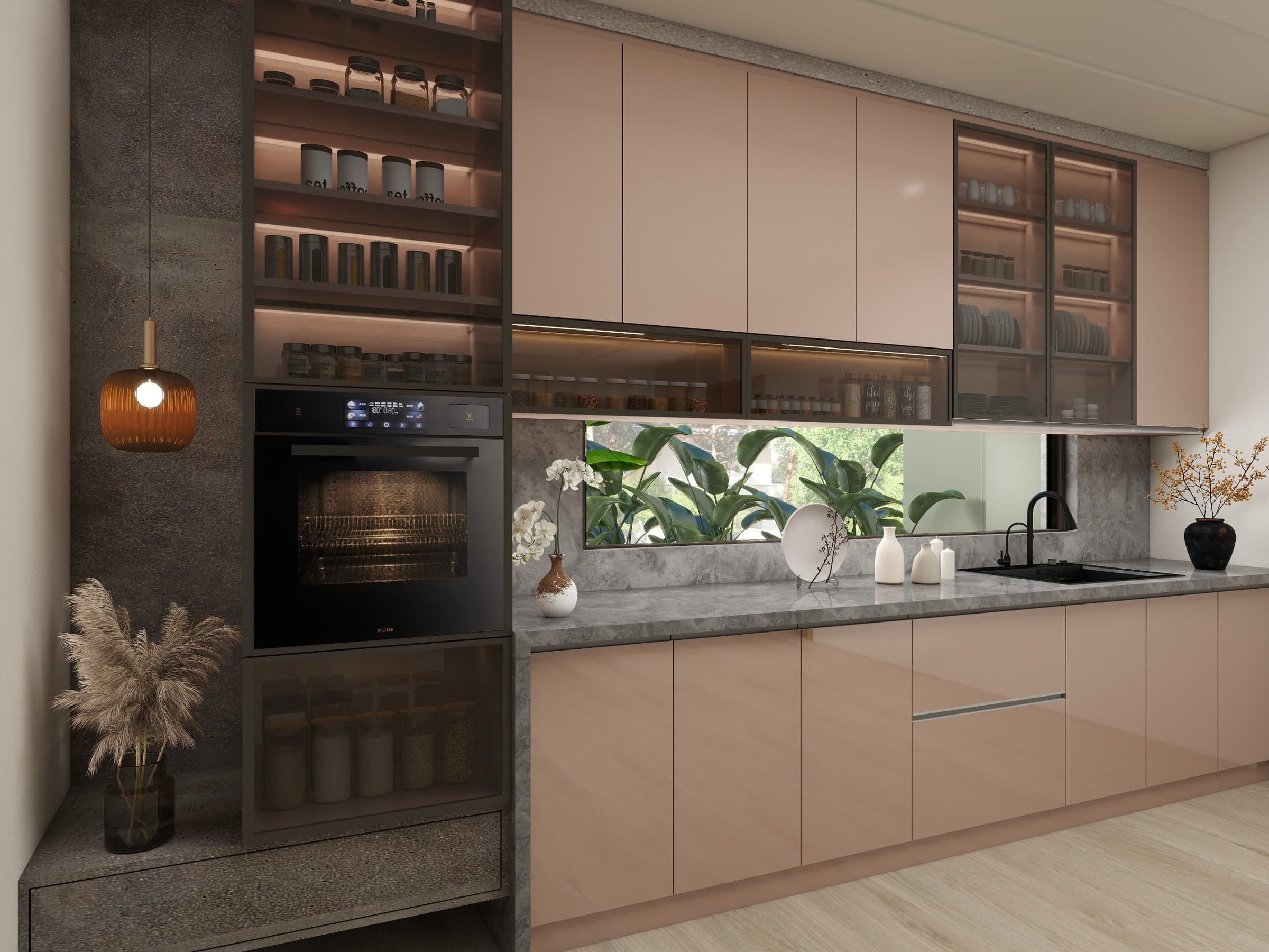 Kitchen with blush gloss fronts, grey stone counters and a slot window at splashback height looking into planting