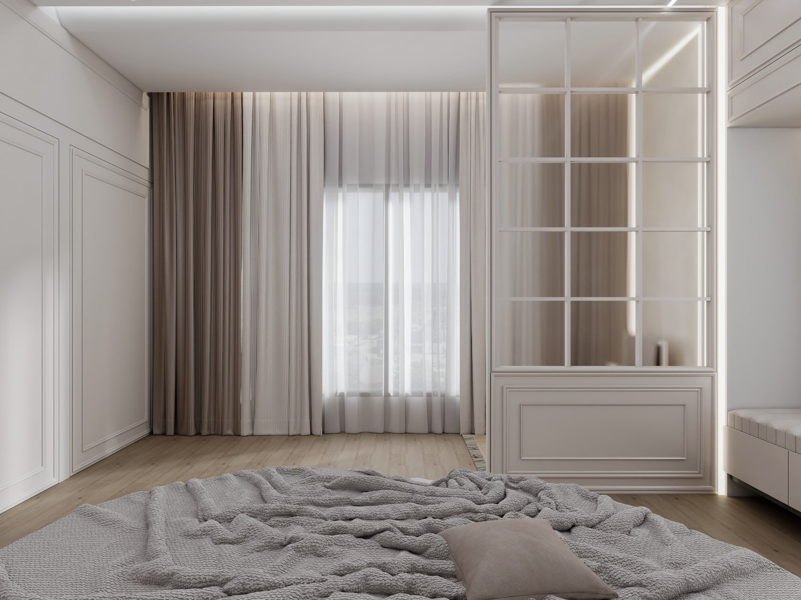 The same bedroom looking past the foot of the bed to full-height curtains and a fine white glazing grid screening the dressing area