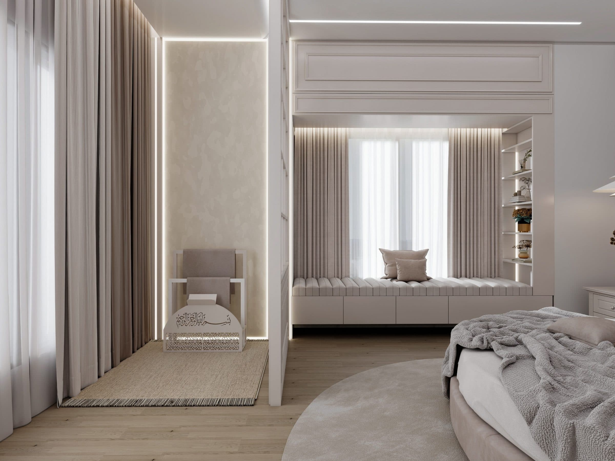 Curtained prayer nook beside an upholstered window seat in the master bedroom