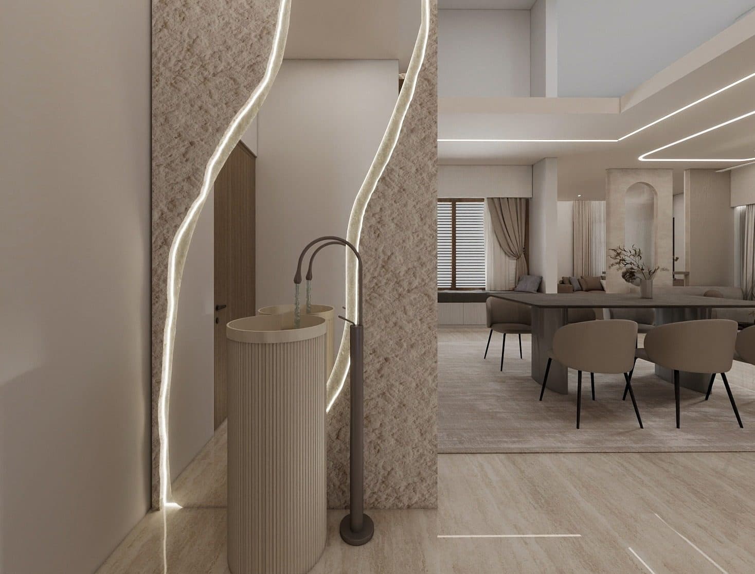 Entrance with a fluted travertine basin against rough plaster, a lit fissure cut through the wall beside it