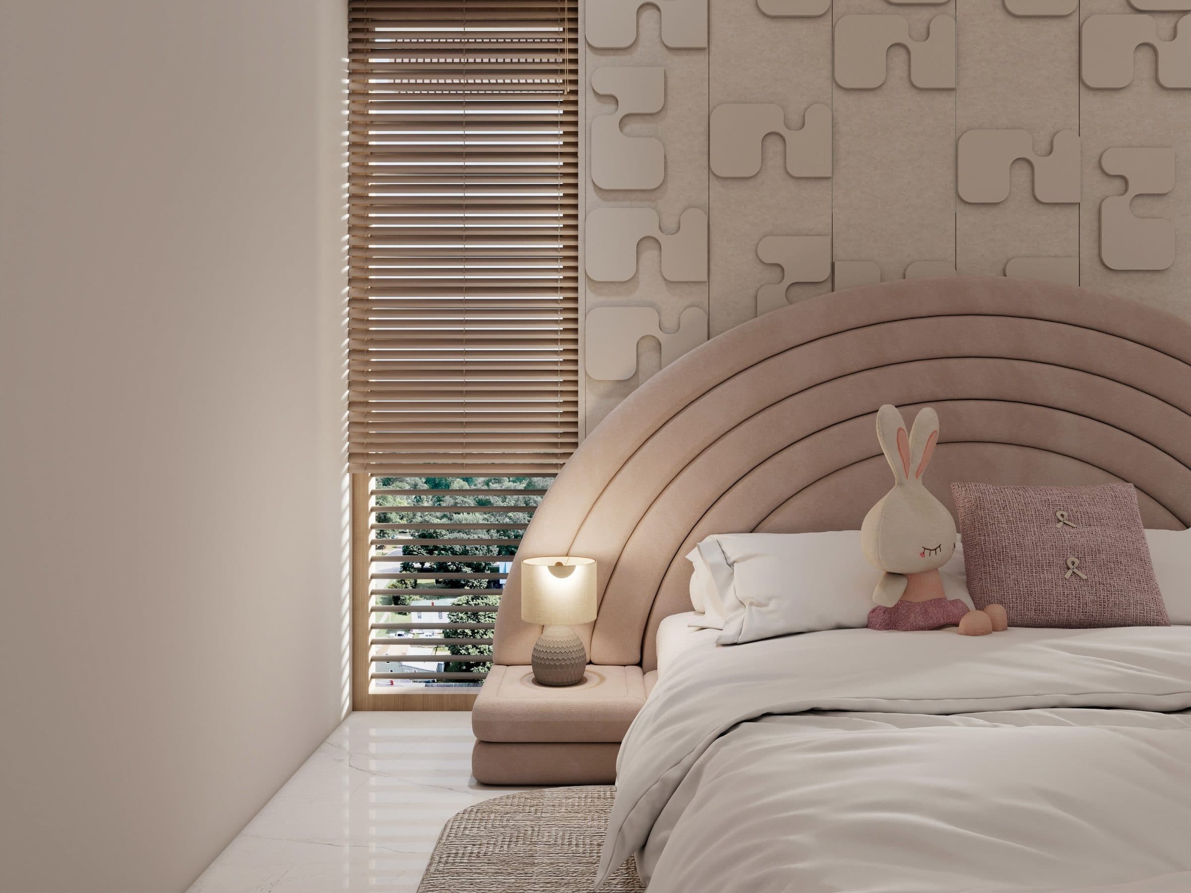 Close view of the blush rainbow headboard beside a timber-slatted window