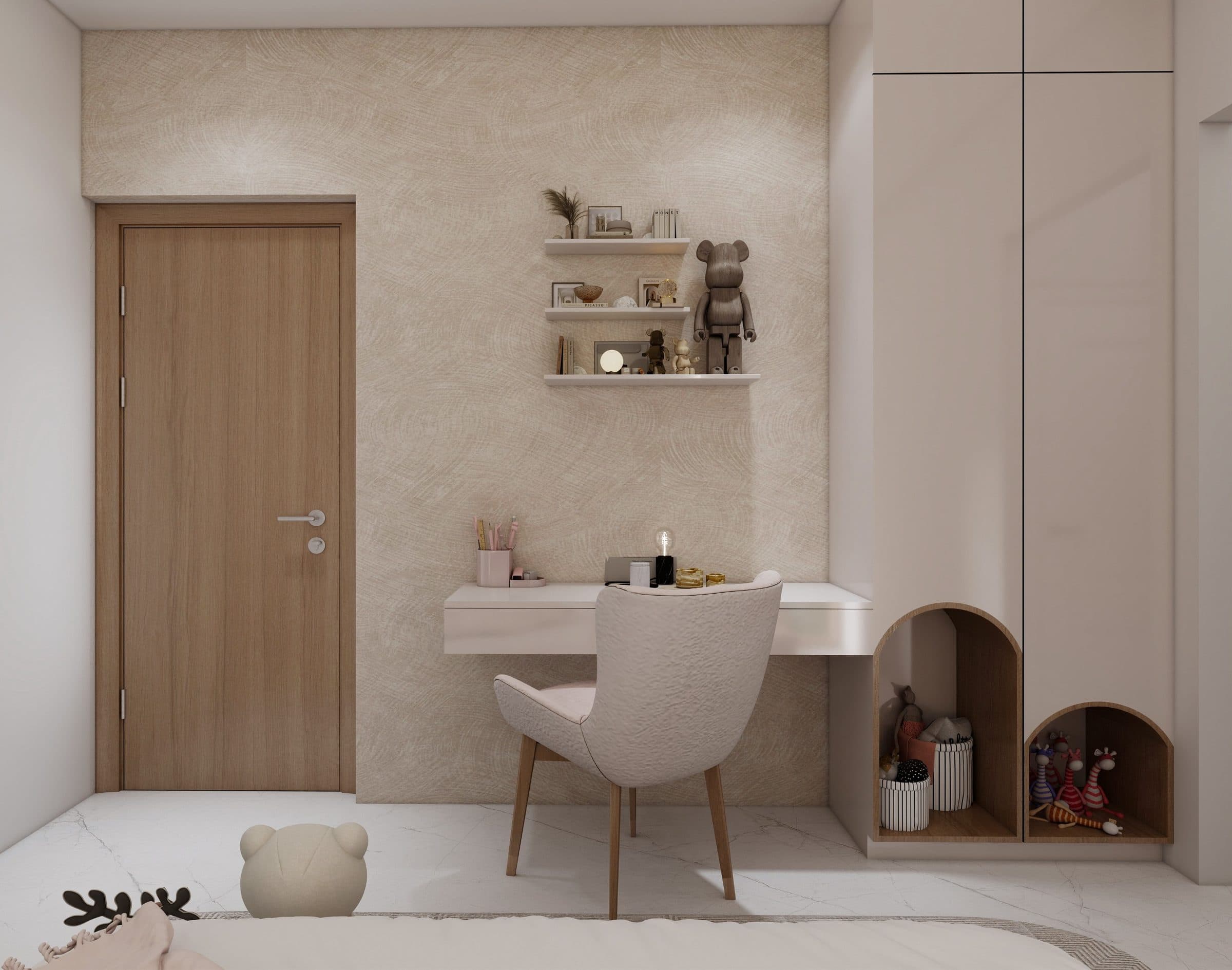 Study nook in the children's room, with a floating desk and arched cubbies built into the wardrobe