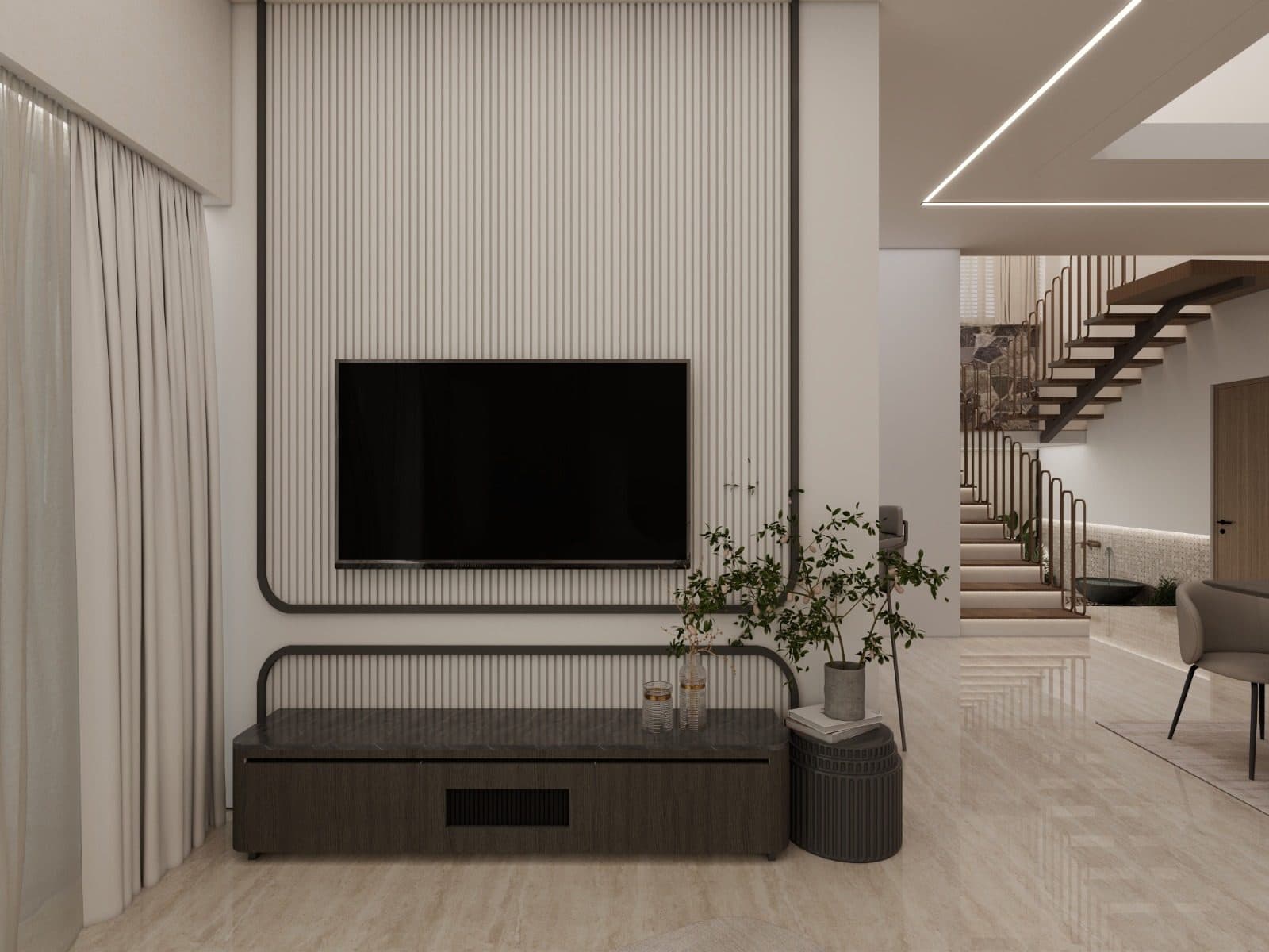 Television wall in fluted white panelling outlined in black, above a dark timber console