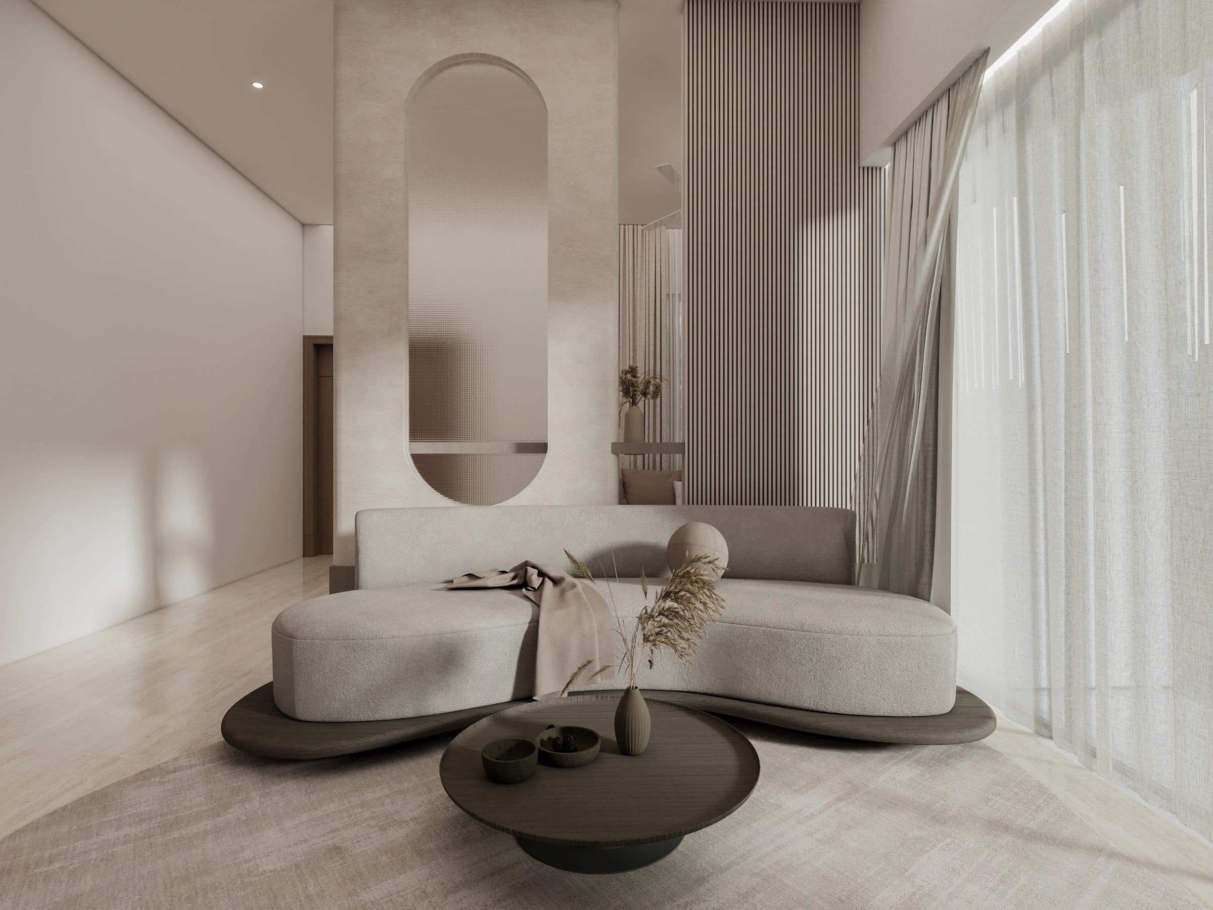 Formal living room with a curved bouclé sofa below a tall arched panel of reeded glass