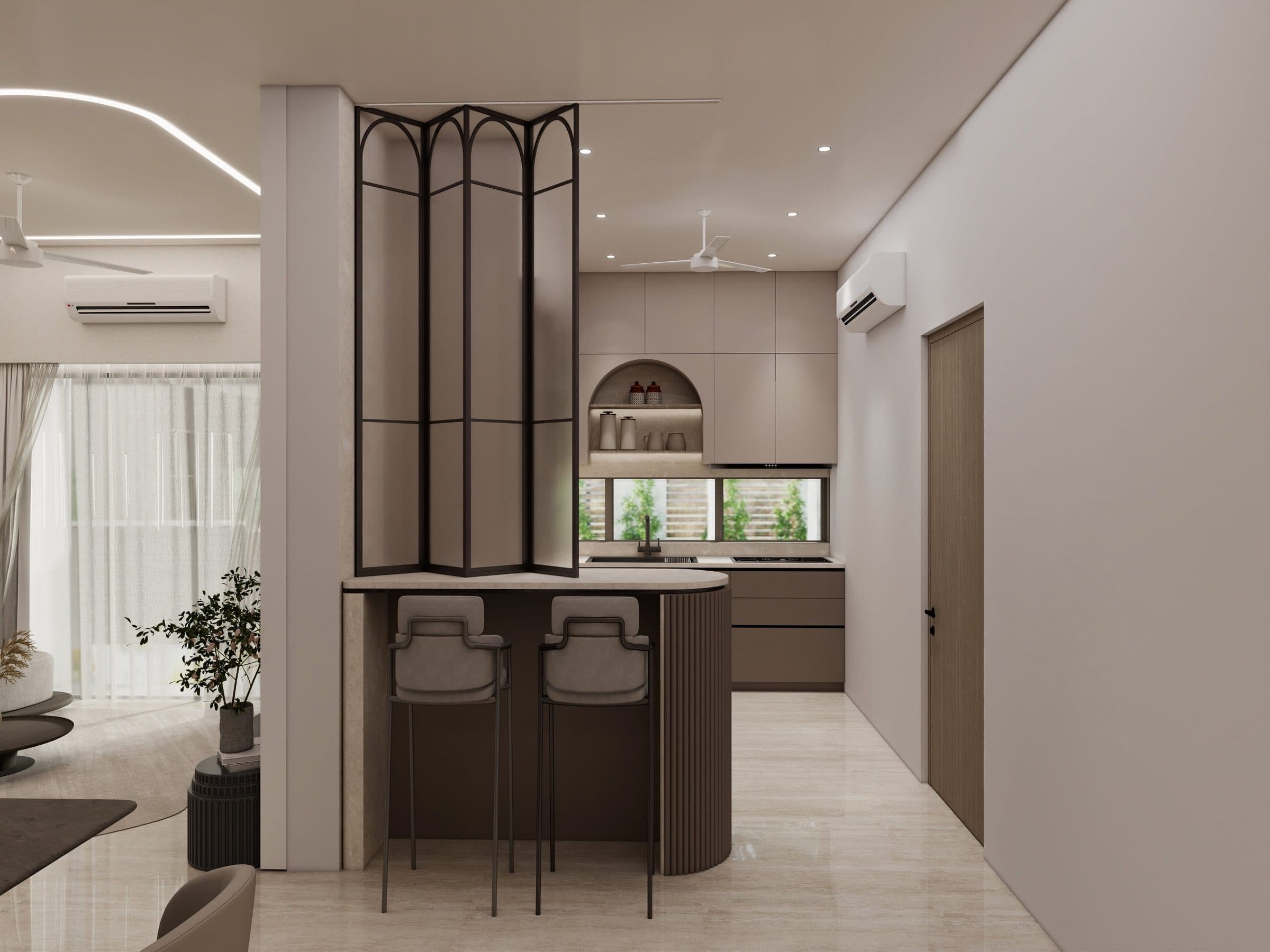 Breakfast counter with a black-framed arched folding screen, the working kitchen beyond