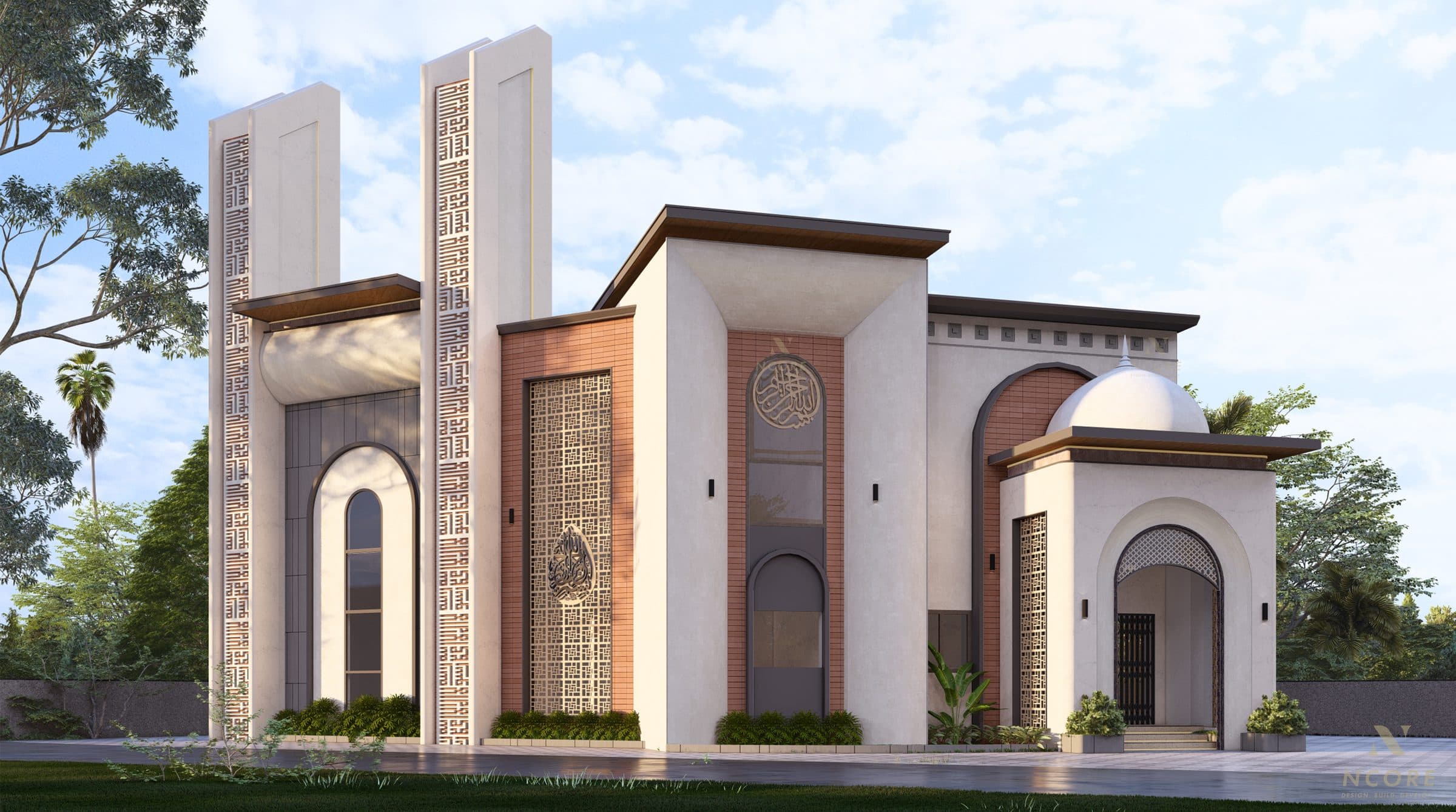 Mosque elevation in white marble and terracotta brick, with twin square minarets pierced by geometric Kufic calligraphy and a ribbed dome over the entrance porch