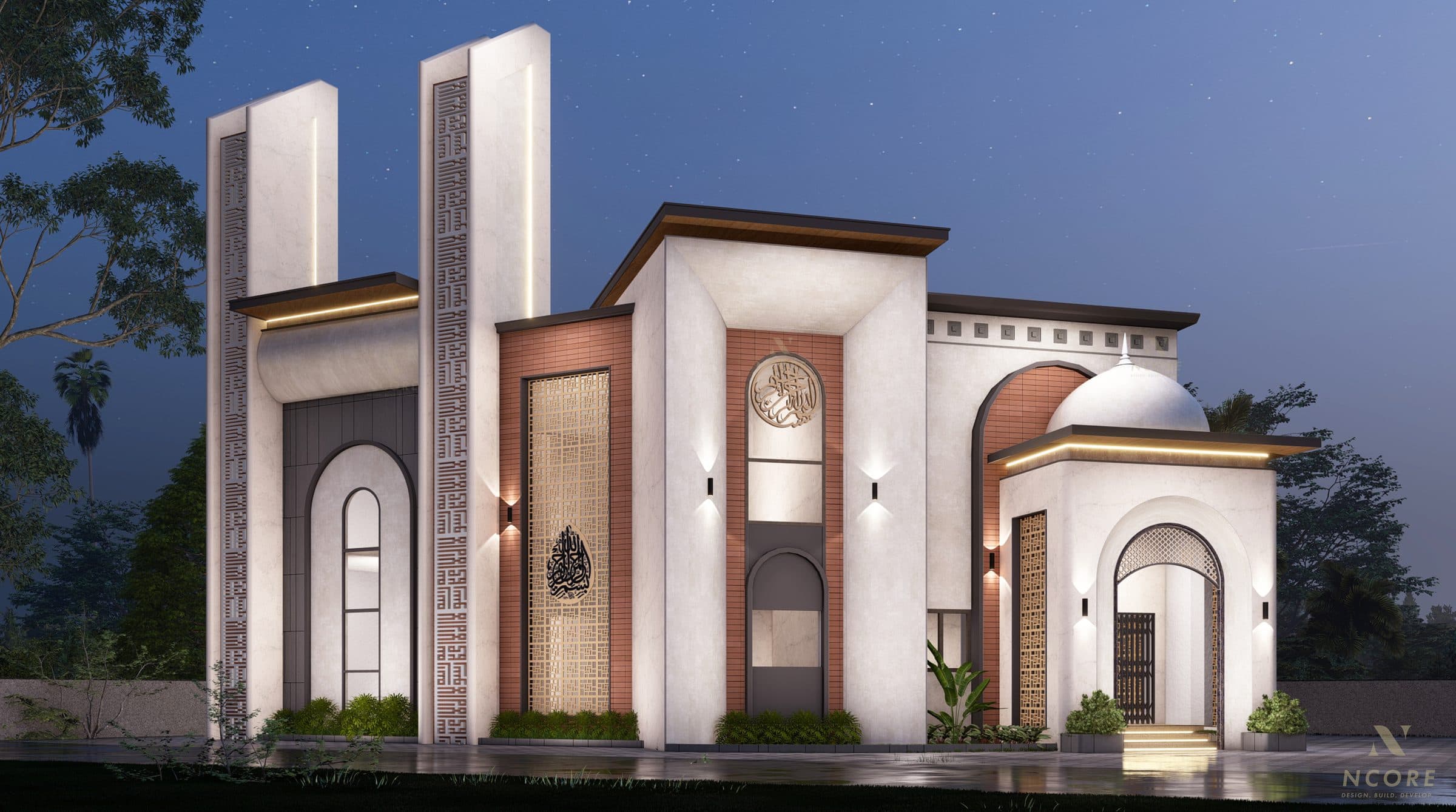 The same elevation at dusk, the calligraphy screens and eaves lit from within