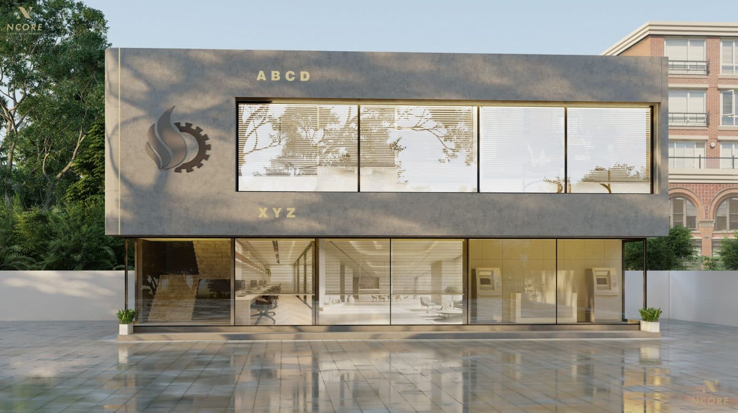 Two-storey office block with a grey stone-clad upper floor cantilevered over a fully glazed ground floor