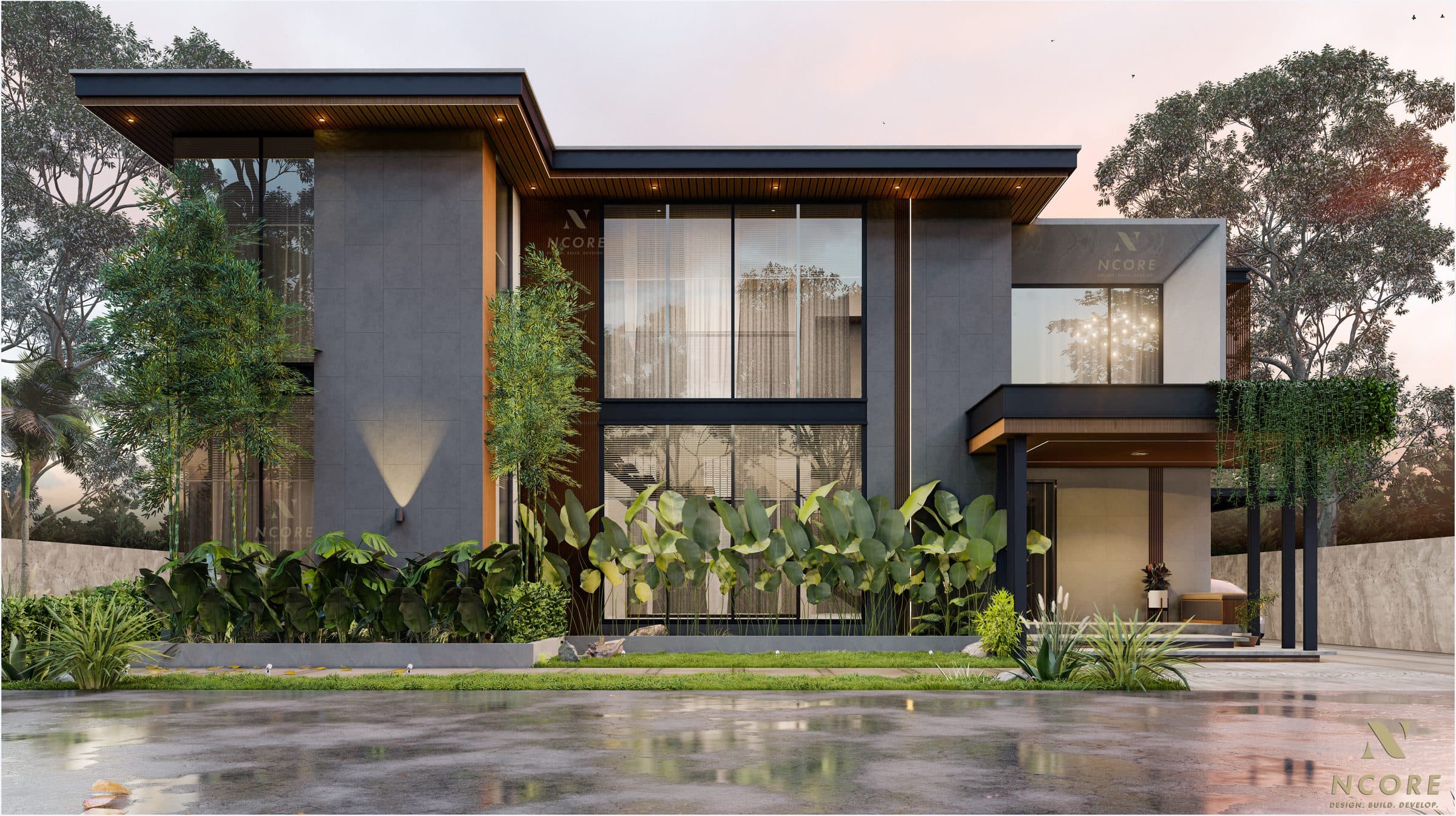 Elevation of a two-storey house in grey stone and timber-battened soffits, its glazing screened by a band of banana and heliconia planting