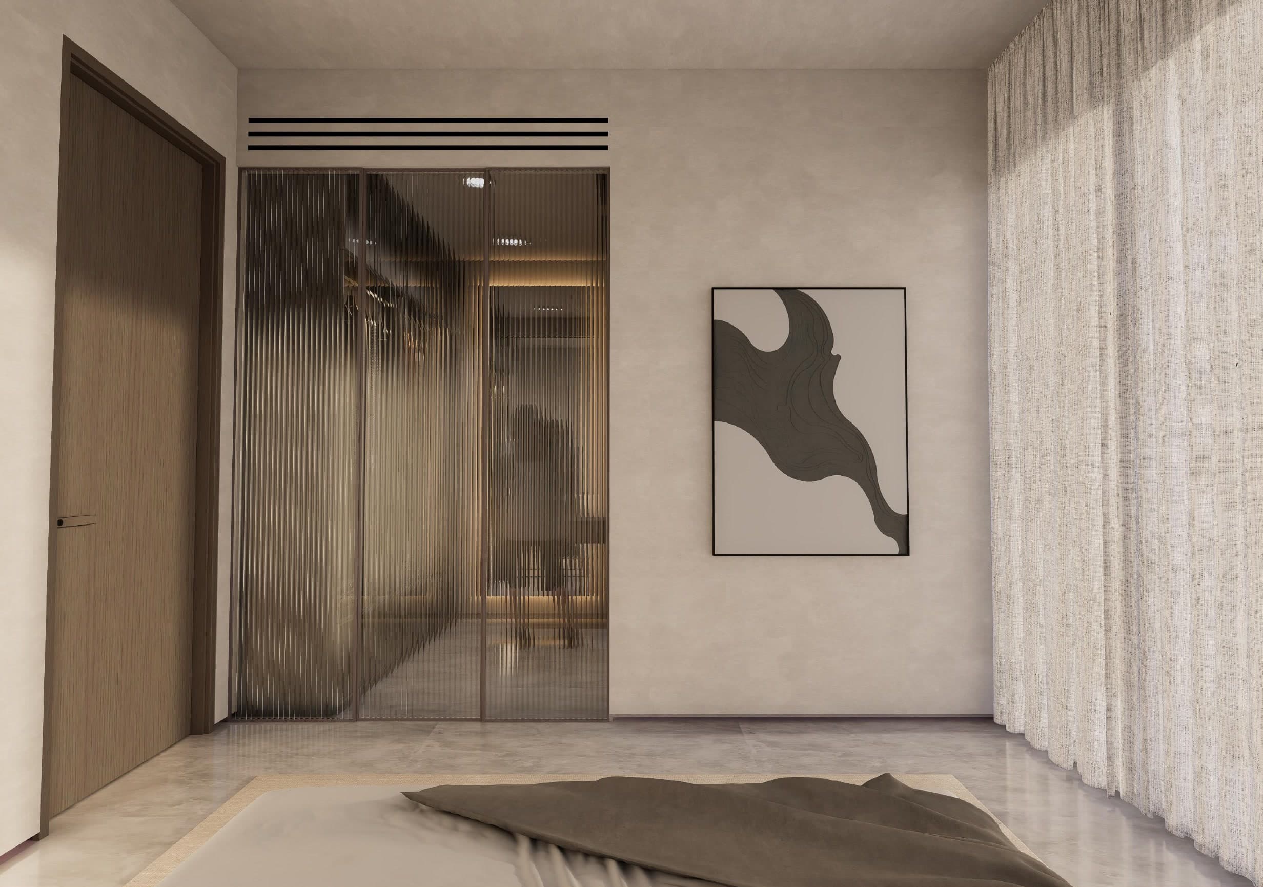 Bedroom looking towards a reeded bronze glass wardrobe, a framed abstract hung on the microcement wall beside it
