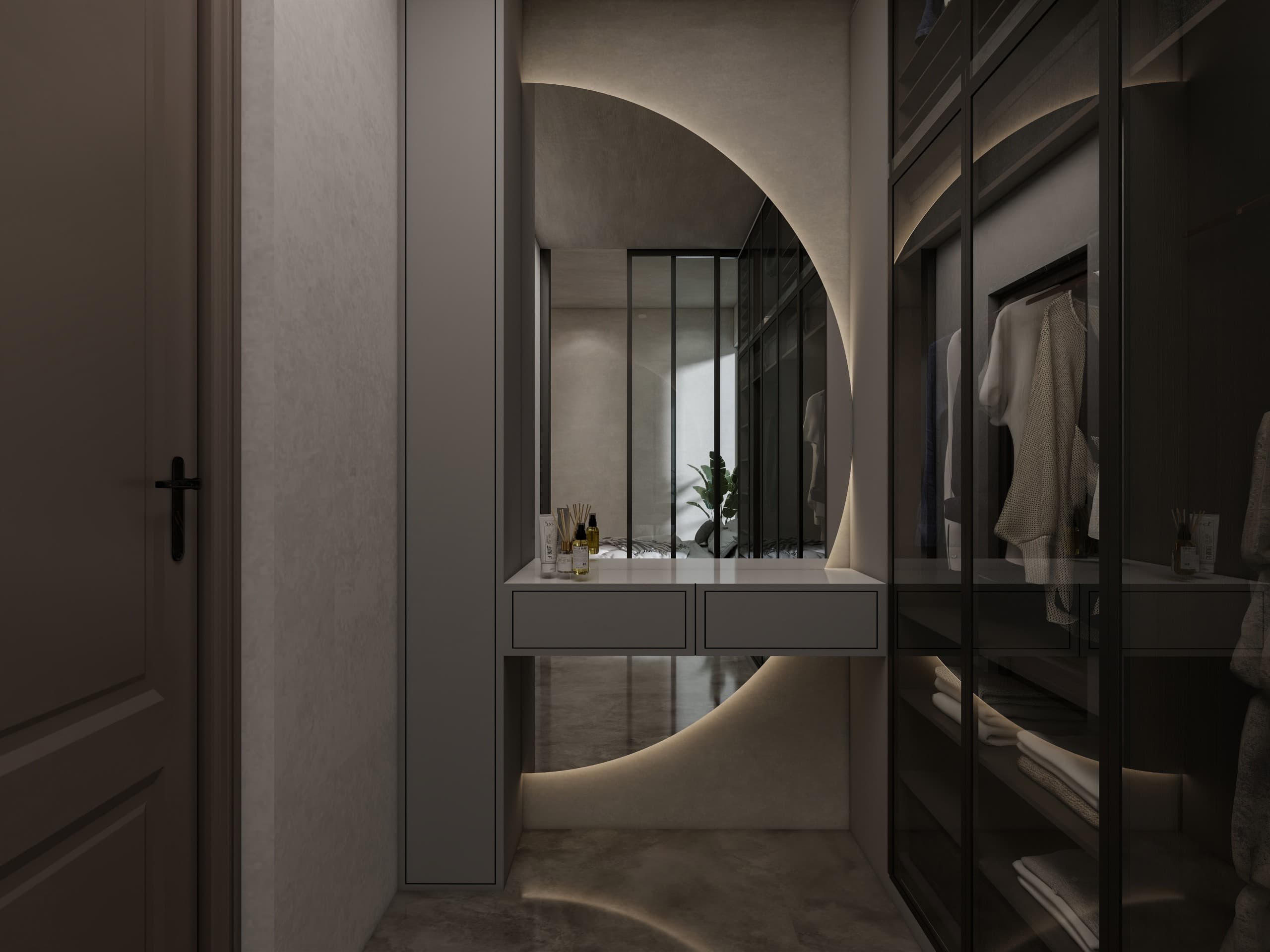 Dressing room with a circular backlit recess above a floating vanity, flanked by glass-fronted wardrobes