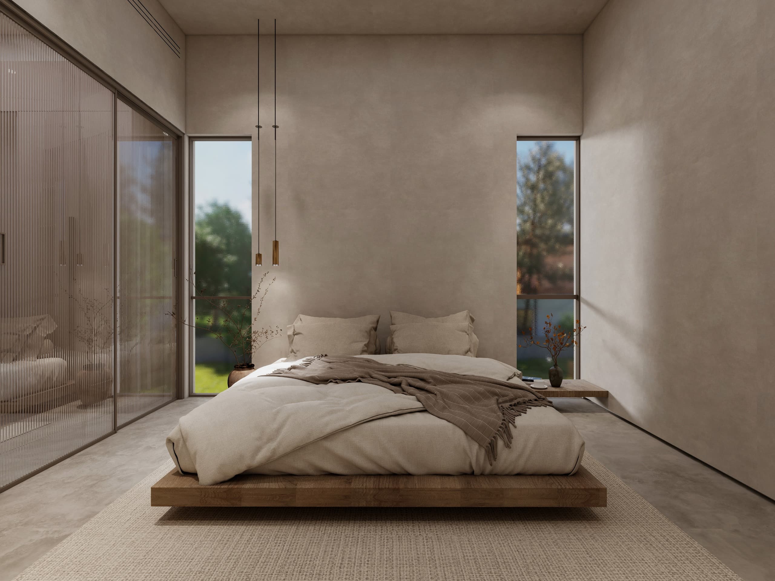 Bedroom with an oak platform bed between two tall slot windows, a reeded glass wardrobe running down one side