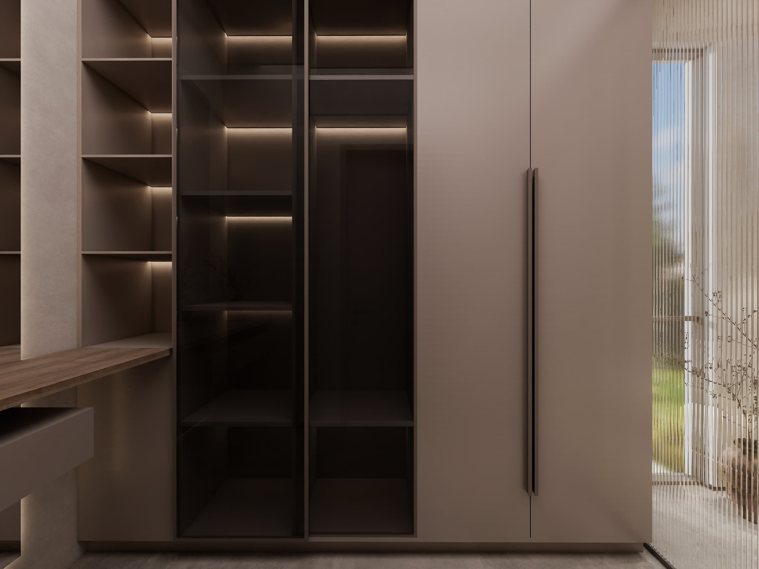 Joinery detail — backlit open shelving and a smoked glass cabinet beside a full-height wardrobe