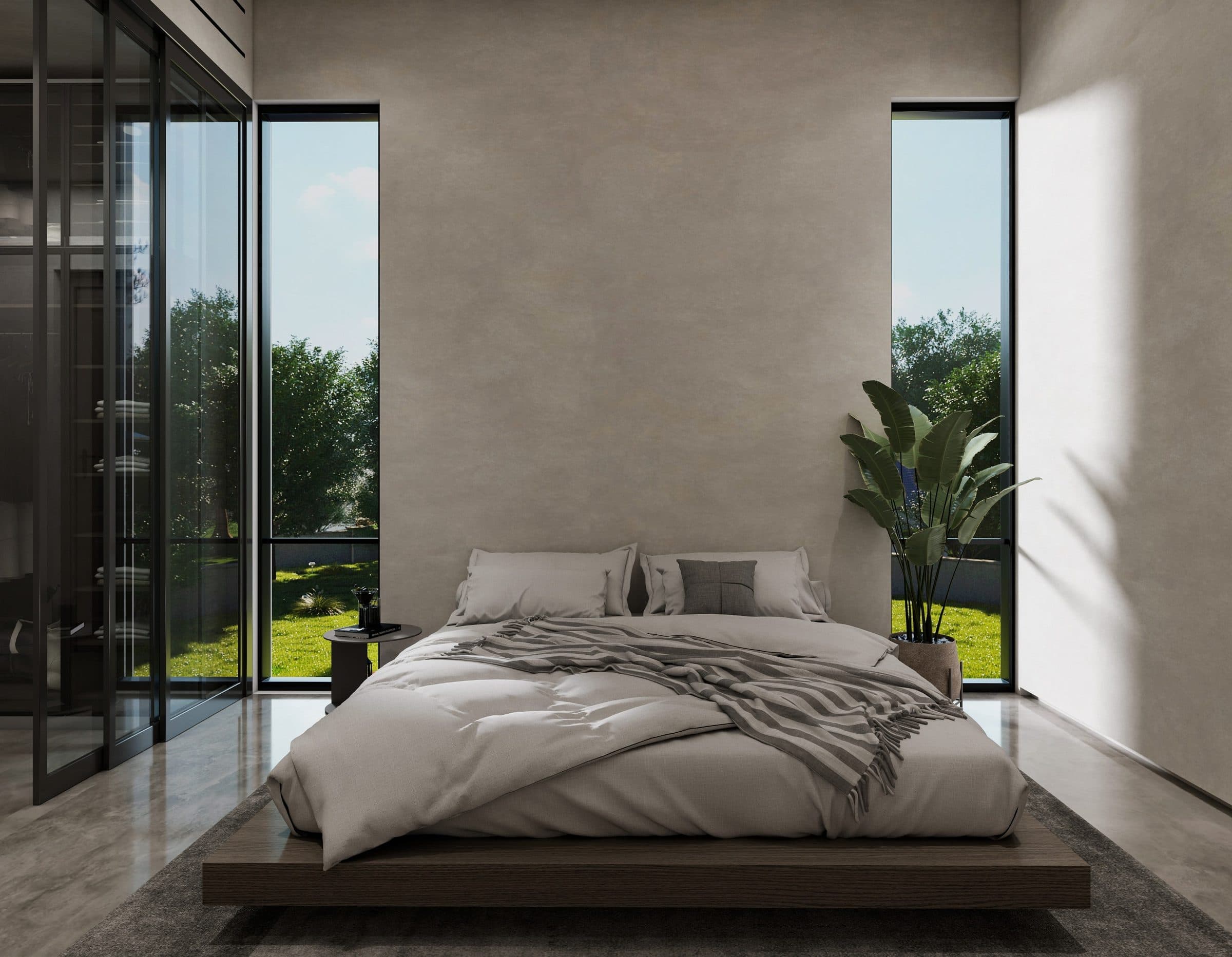 Bedroom with a low timber platform bed set between tall slot windows framing the garden