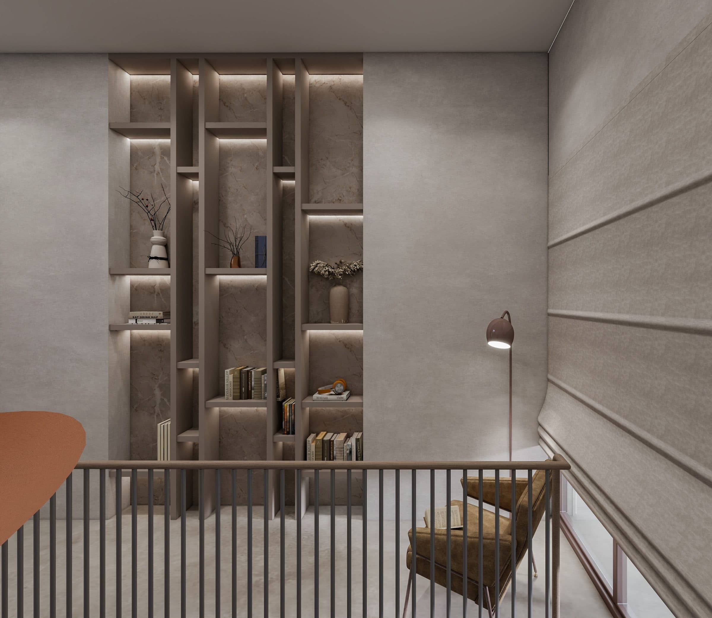 Upper landing with a backlit marble display wall and a reading chair beside the balustrade