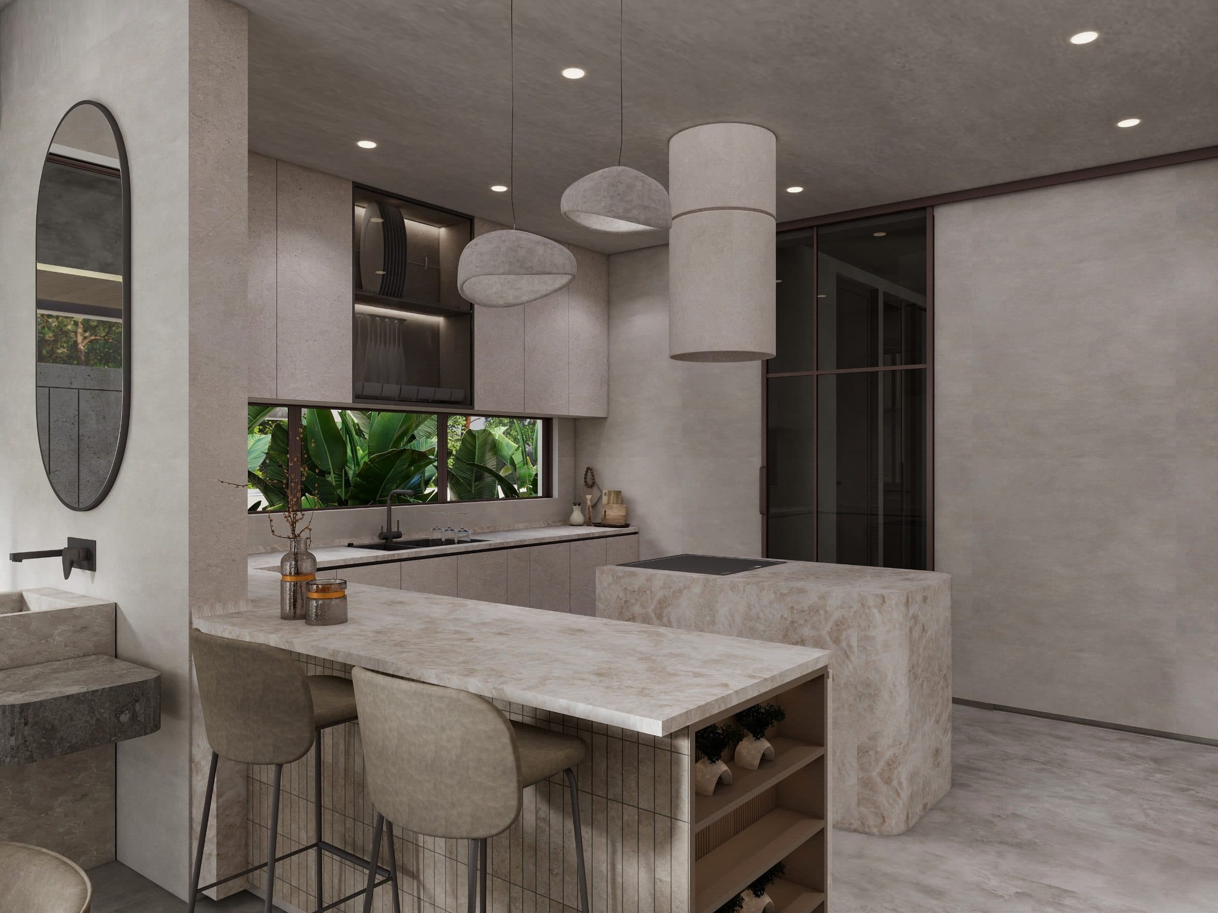 Kitchen with a travertine island and breakfast bar beneath linen pendants, and a long window looking into banana planting
