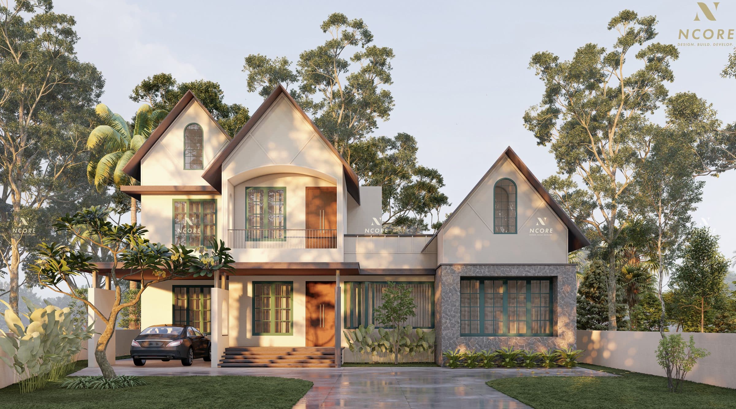 Three steep gables in cream render with green-framed arched windows, over a random rubble base