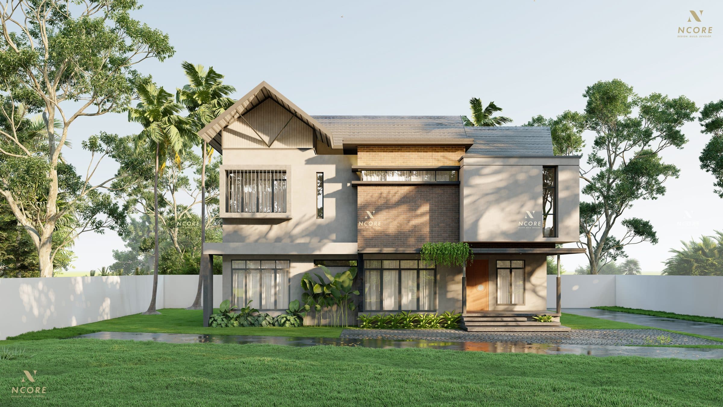 Front elevation with a timber-battened gable, dark slate roof and a panel of exposed brick between full-height black-framed glazing