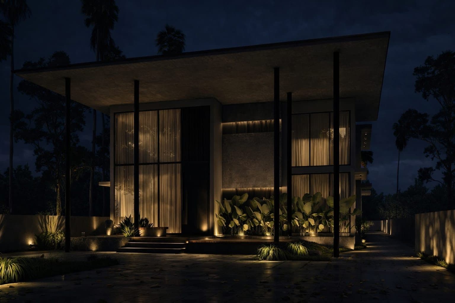 The same frontage at night, the deep soffit and the planting lit from below