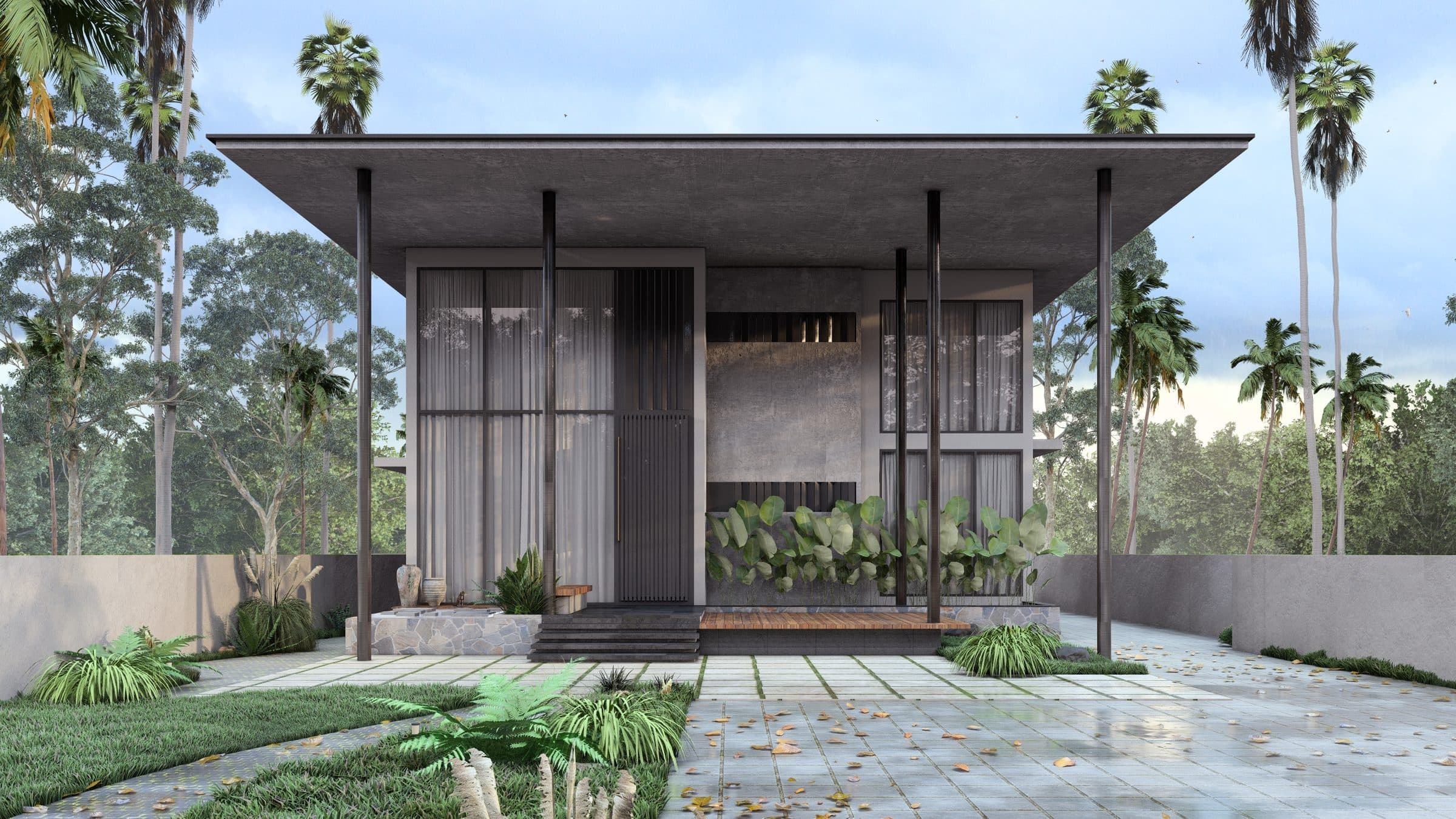 A single flat roof plane carried on slim dark columns over a glazed frontage, with areca palms behind and a planted forecourt in front