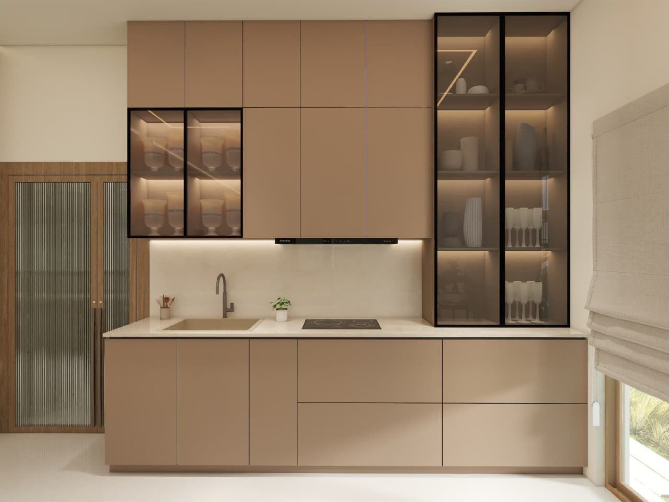 Work kitchen in taupe with black-framed glass wall cabinets lit from within