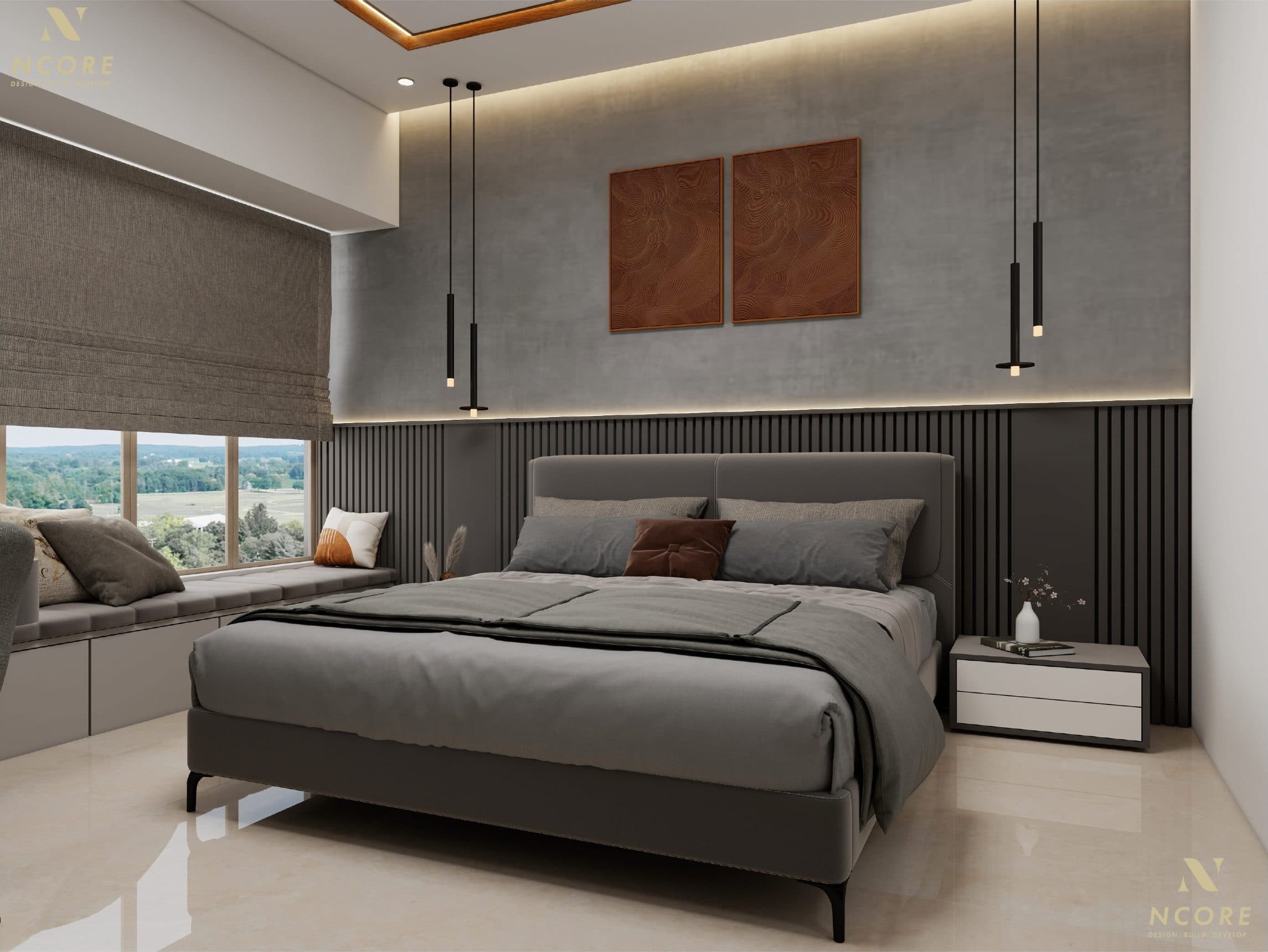 Bedroom with a black fluted dado and a cushioned window seat looking out over the valley