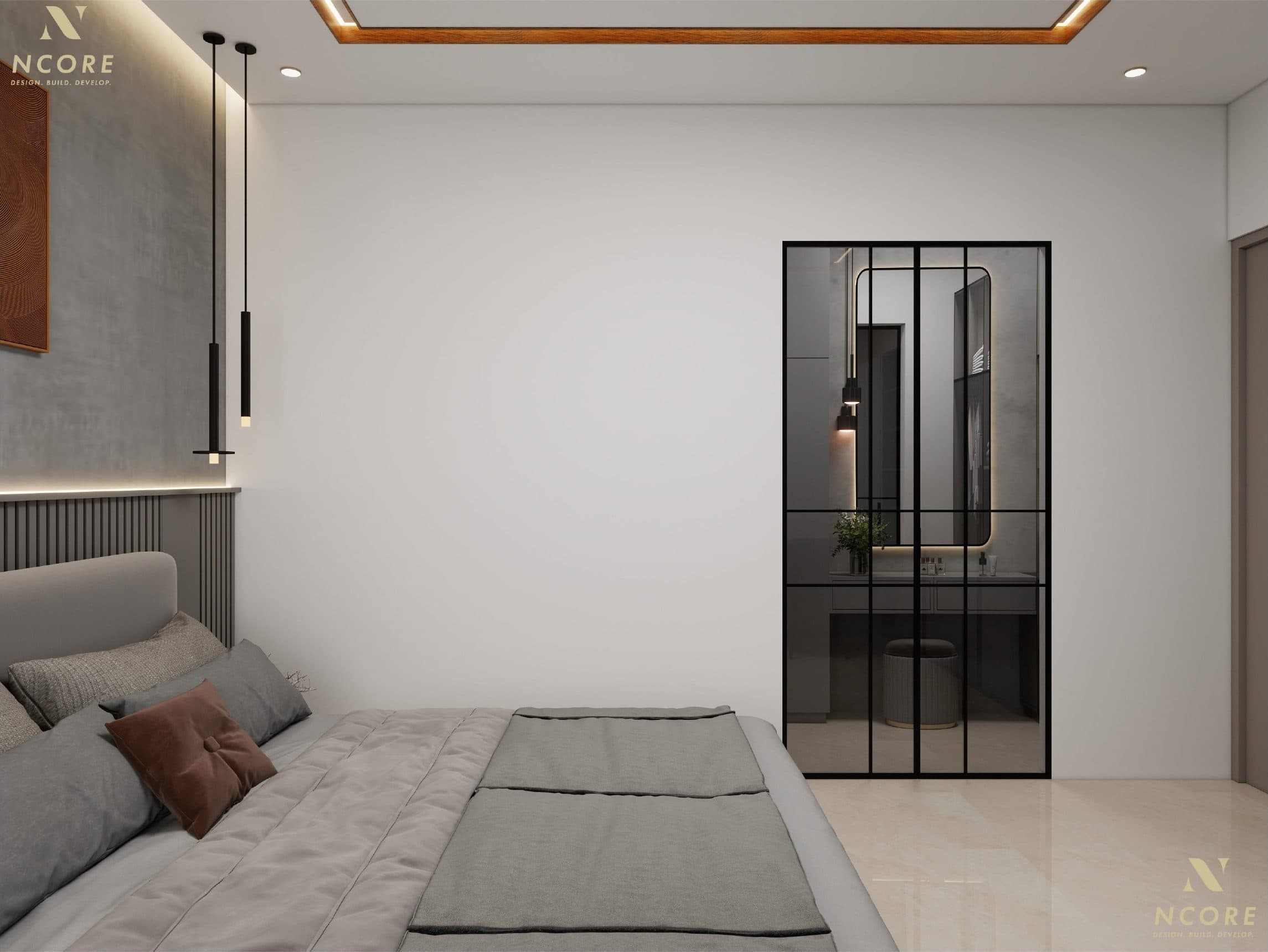 Black-framed glazed screen separating the bedroom from a lit dressing area