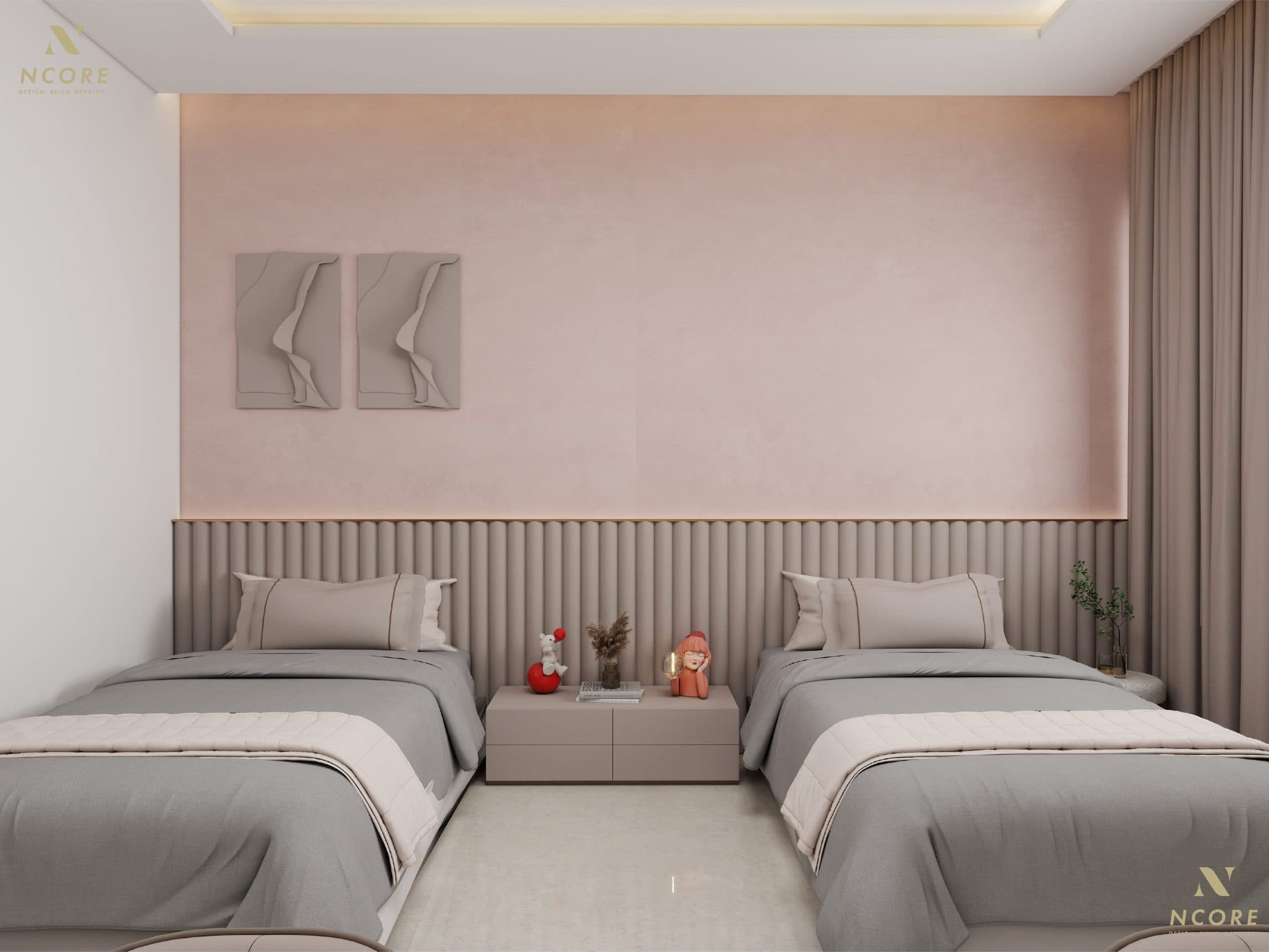 Children's room with twin beds against reeded panelling below a backlit blush wall