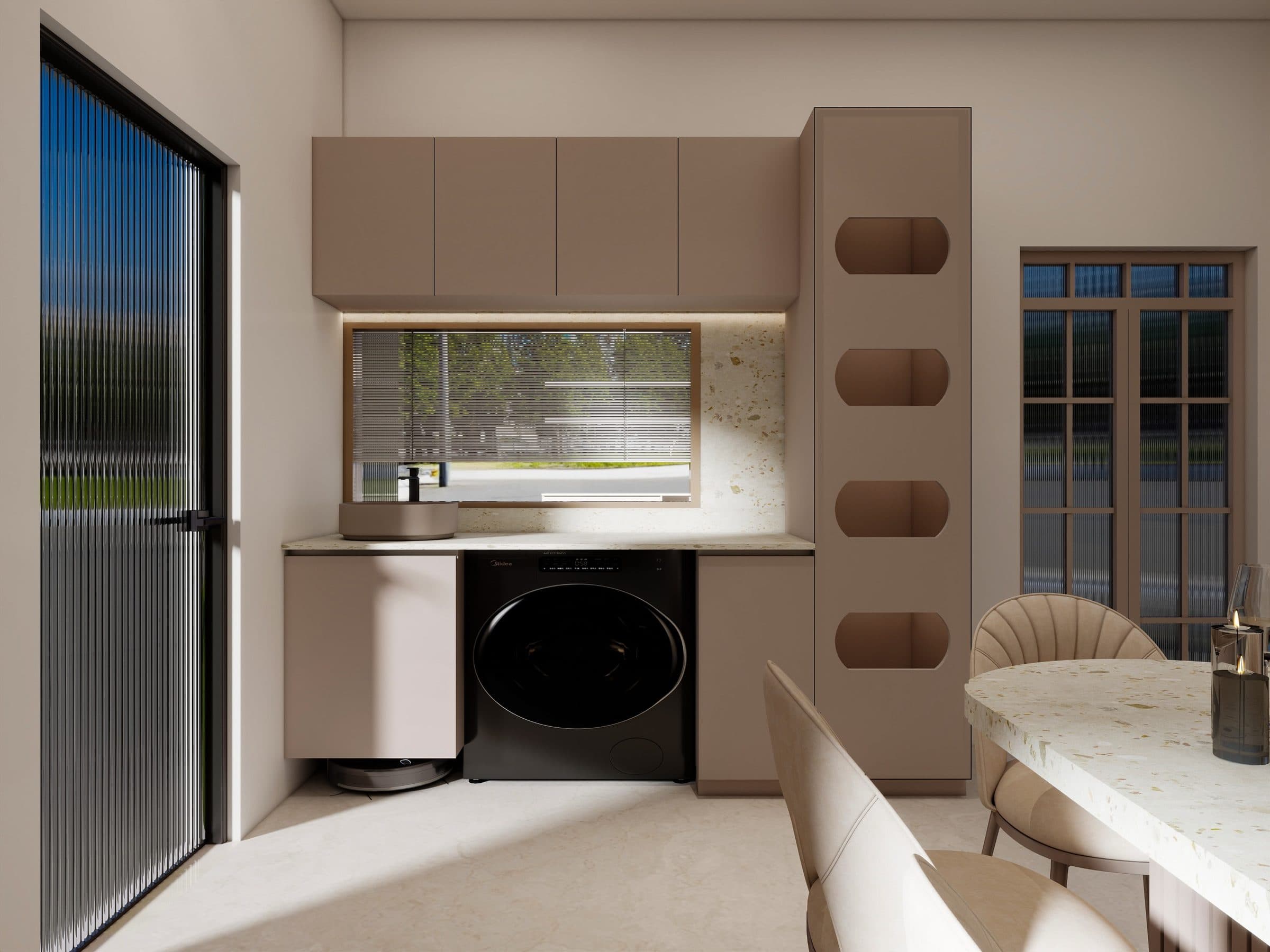 Utility area with taupe joinery, a terrazzo counter and a stone basin beside a slot window