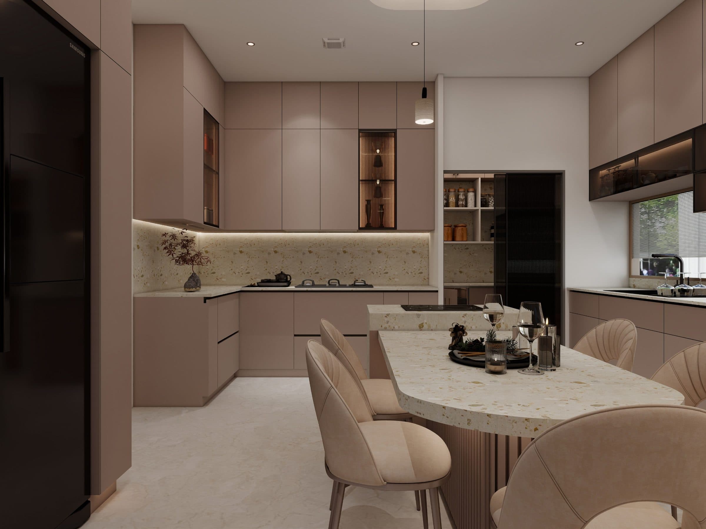 Kitchen in blush lacquer with a terrazzo splashback and a curved terrazzo island running out into the dining seats