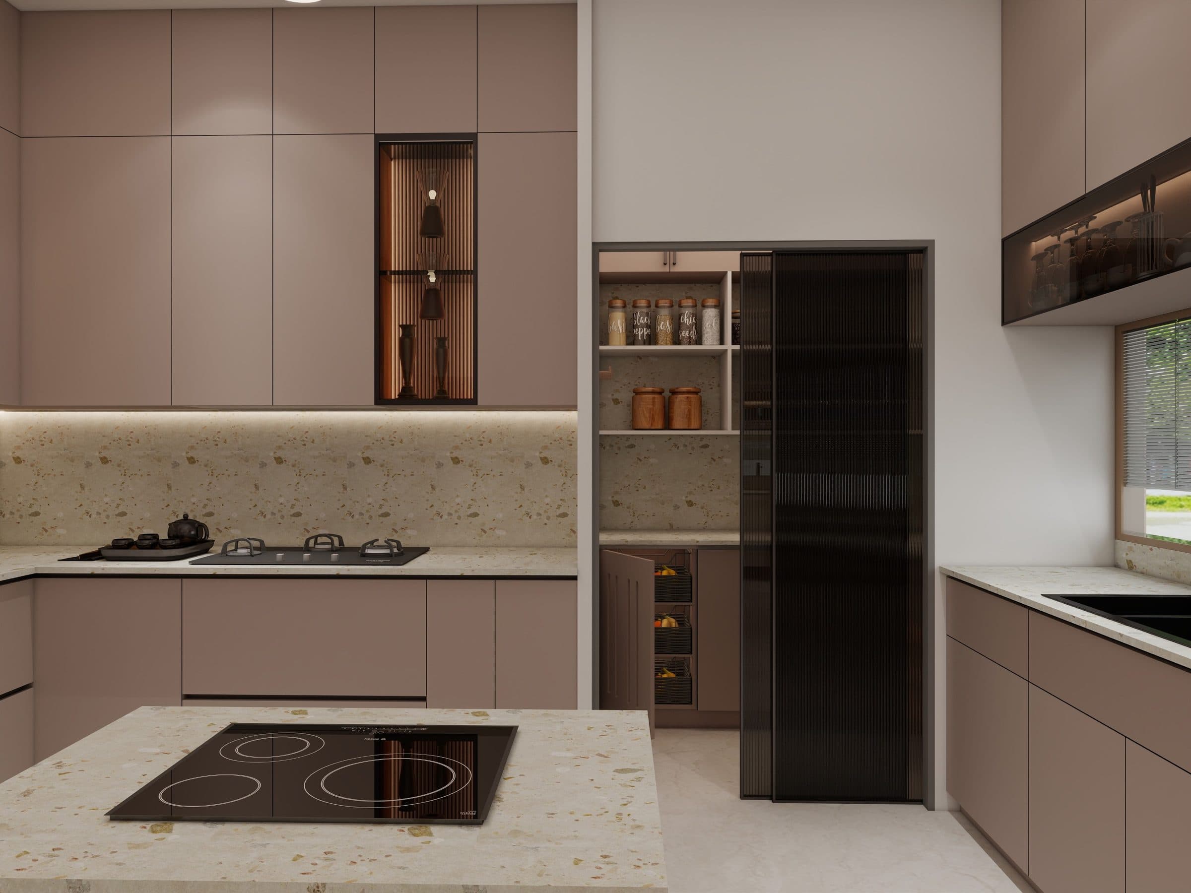 Kitchen run with a terrazzo counter, open pantry shelving and a black reeded glass tall unit