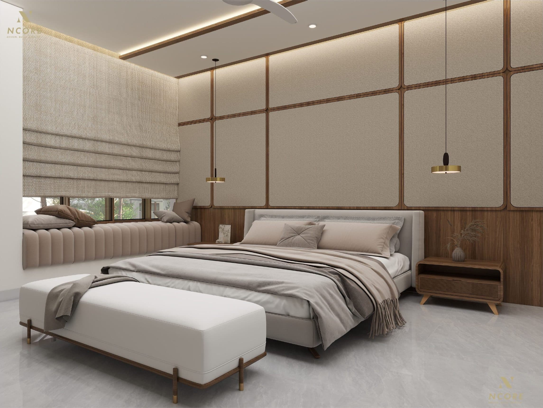 Master bedroom with fabric panels set in a walnut grid, a window seat and paired brass pendants