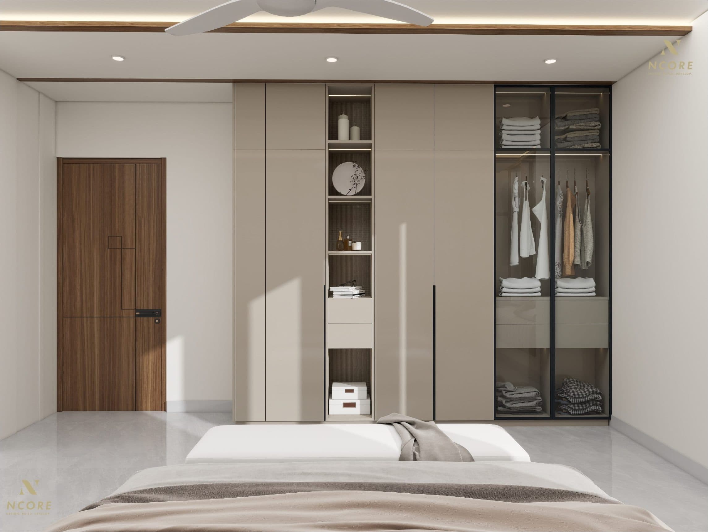 Master bedroom wardrobe wall in taupe gloss with a glazed hanging section and a walnut door