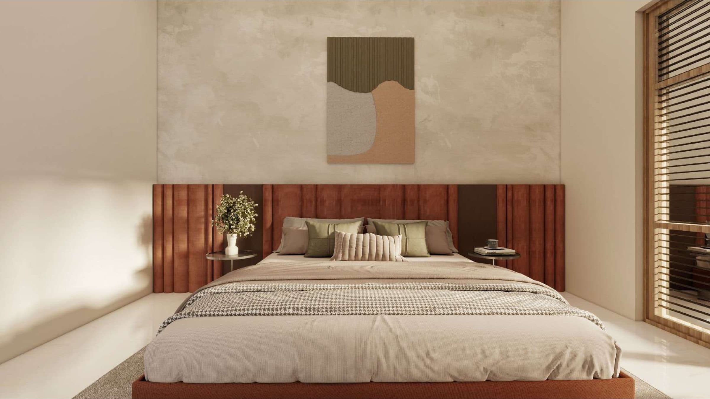 Bedroom with a full-width fluted terracotta headboard beneath an abstract panel on lime plaster