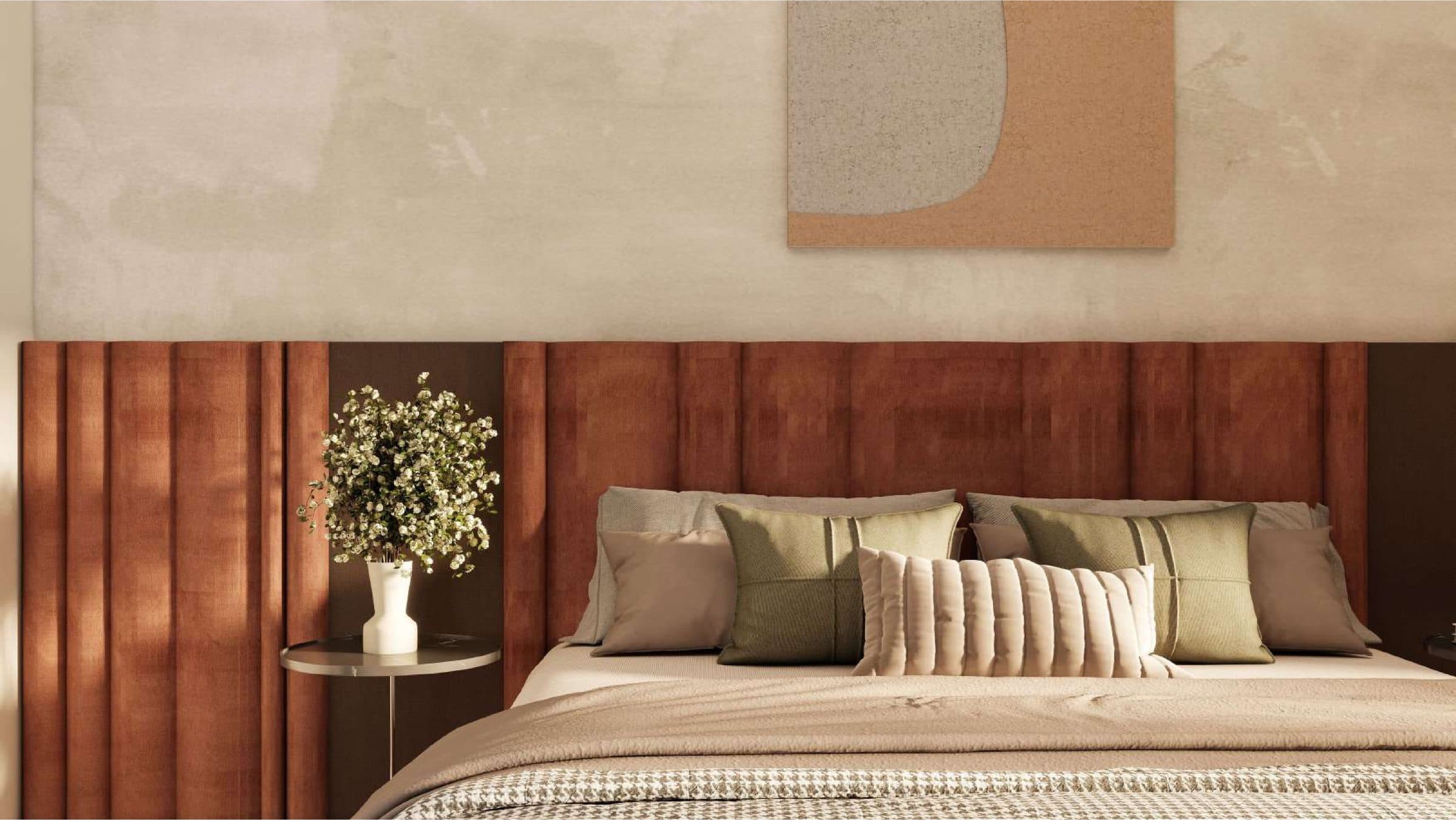 Close view of the fluted terracotta headboard, with a slim side table set into the panelling