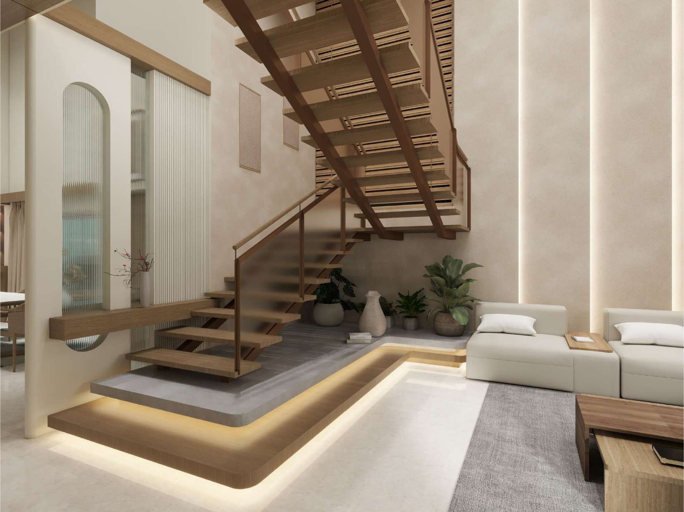 The folded timber stair rising through the double-height hall against backlit fluted walls, with planting massed beneath