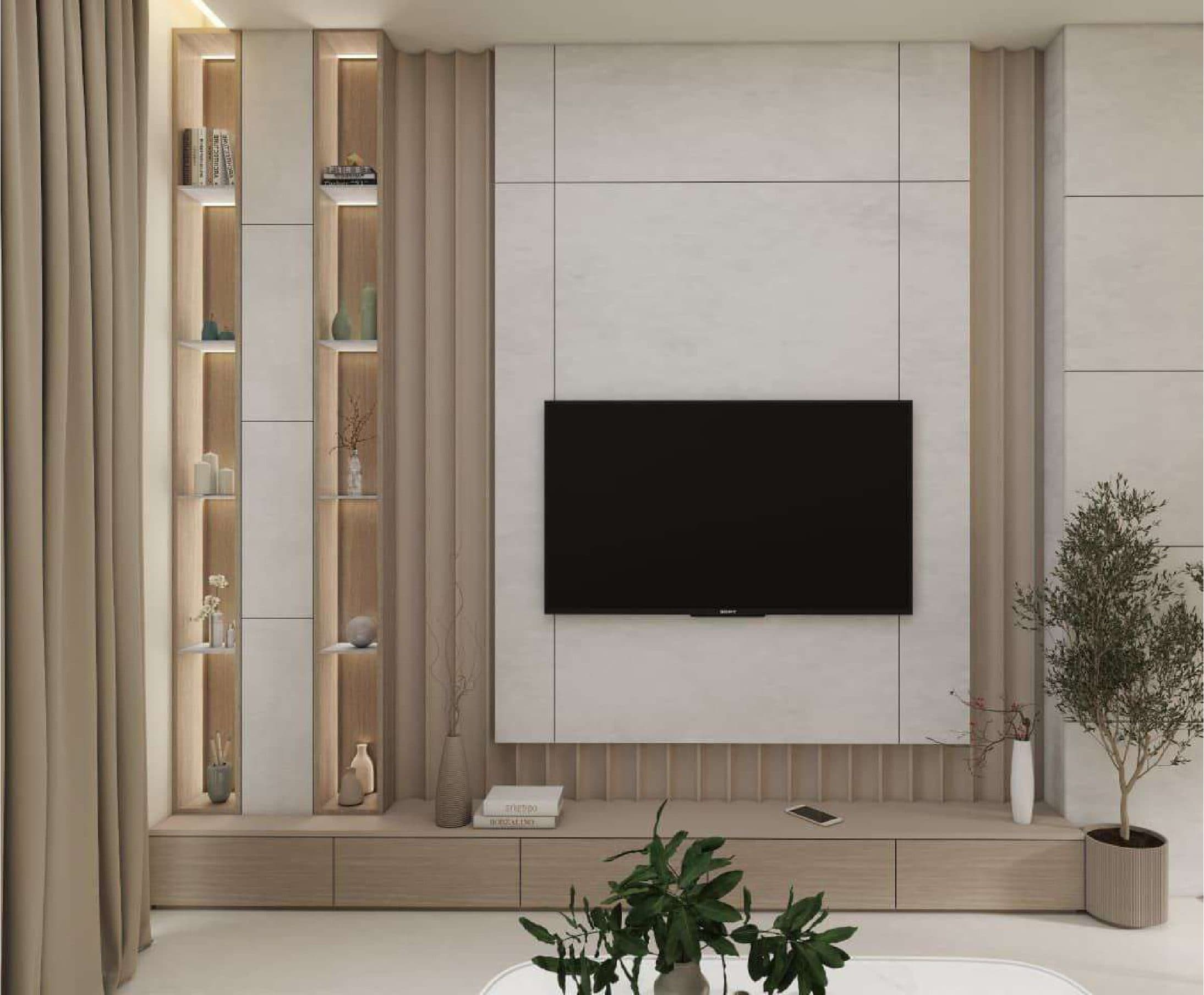 Television wall in pale oak and stone with lit display niches, beside a potted olive