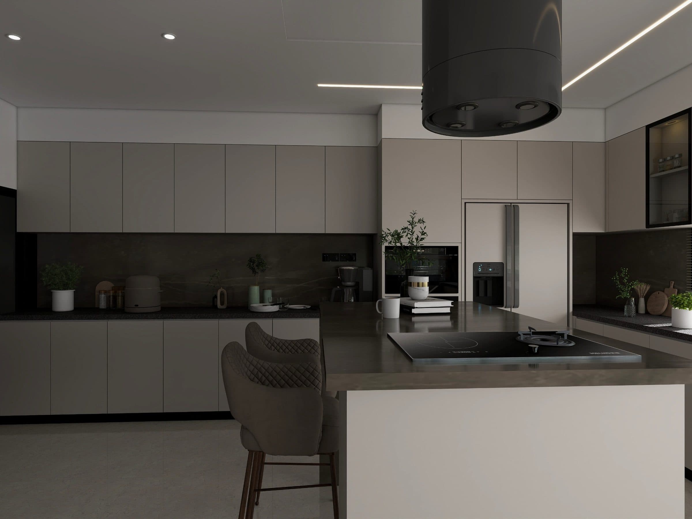 Kitchen with handleless taupe units, a dark stone splashback and a black cylindrical extractor over the island