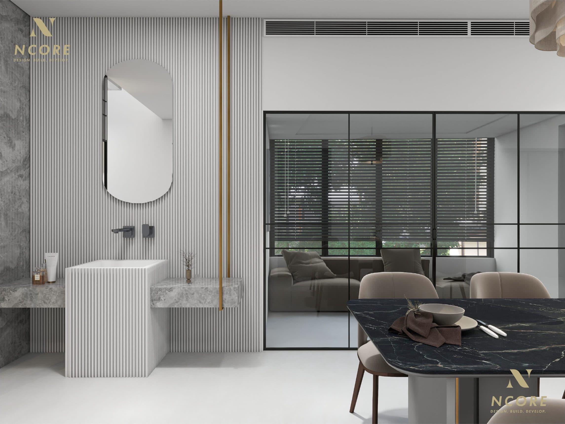 Fluted washbasin wall with an oval mirror, seen past the dining table towards the living room