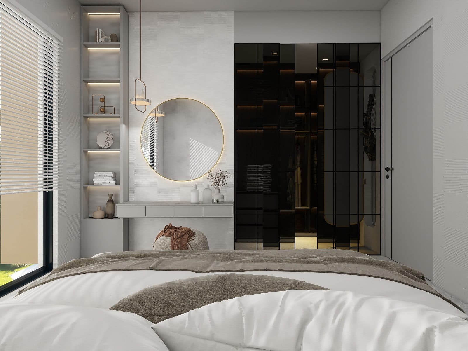 Bedroom looking towards a glazed walk-in wardrobe lit from within
