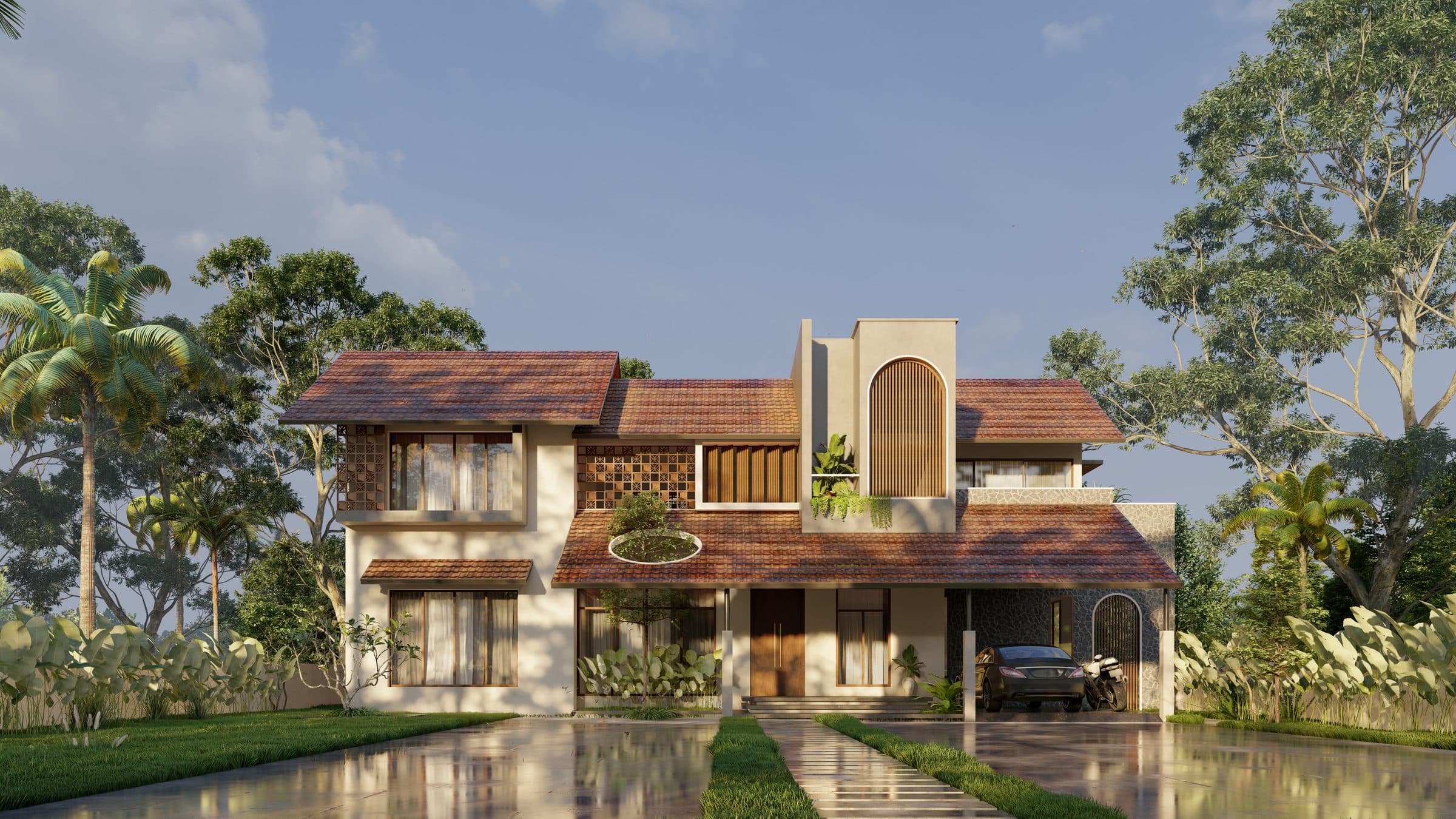 Clay-tiled roofs at three levels with terracotta jaali panels and a circular planted opening cut through the tiles, above a deep verandah