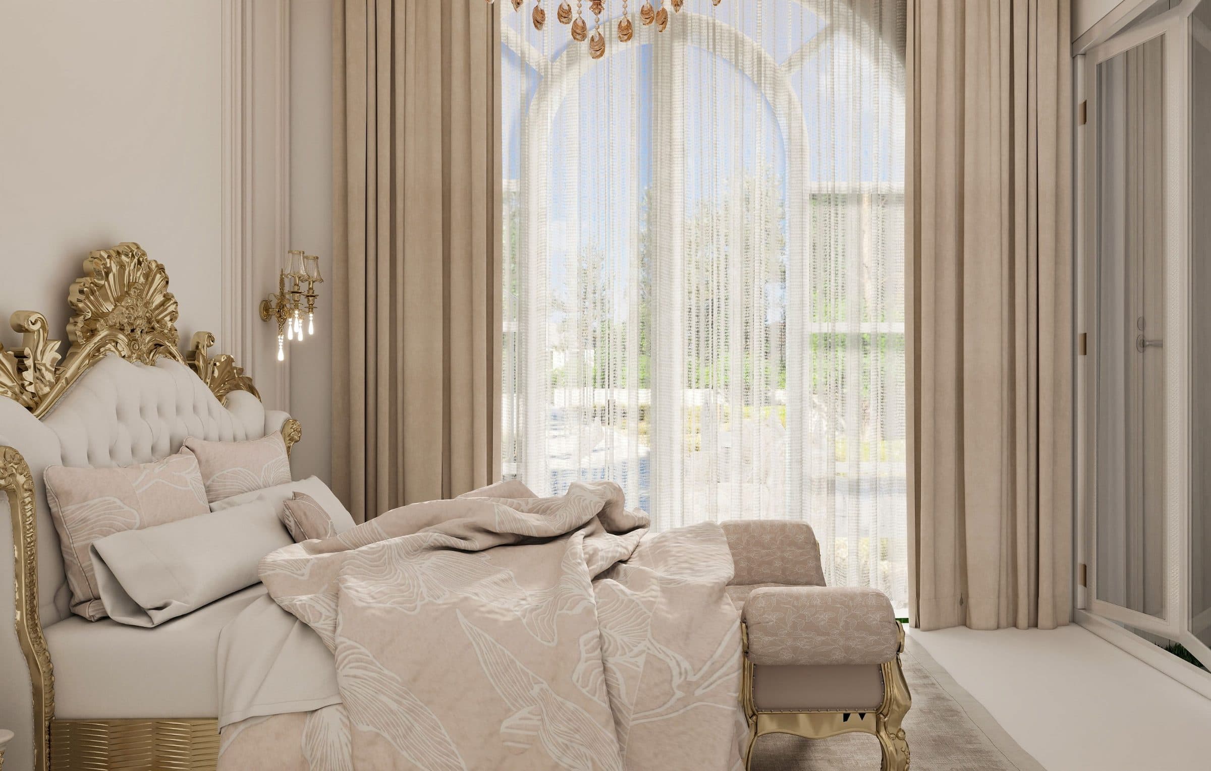 The same bed seen from the side, facing a tall arched window dressed in sheers and heavy curtains