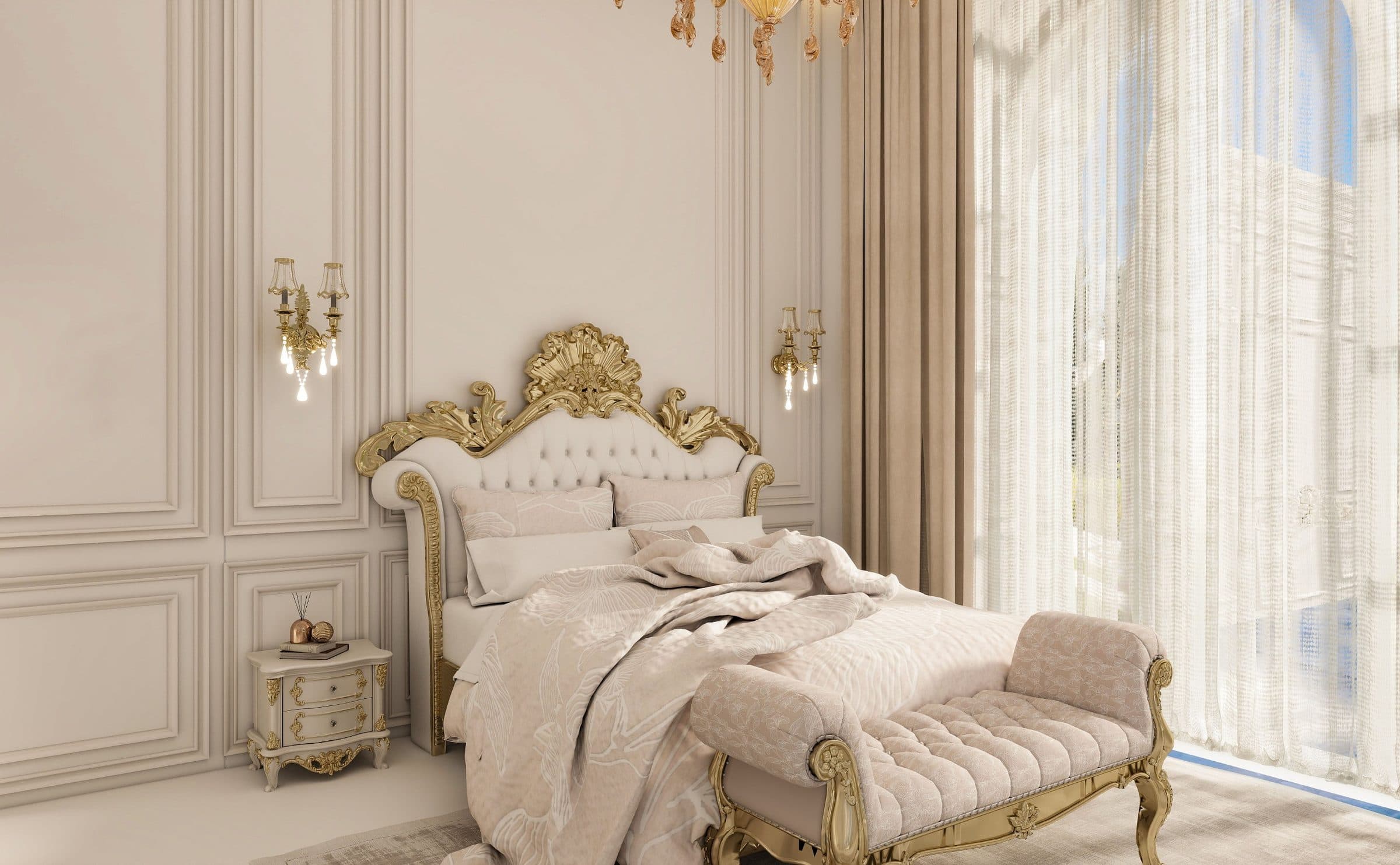 Bedroom with a carved gilt bed frame and crystal sconces against panelled ivory walls