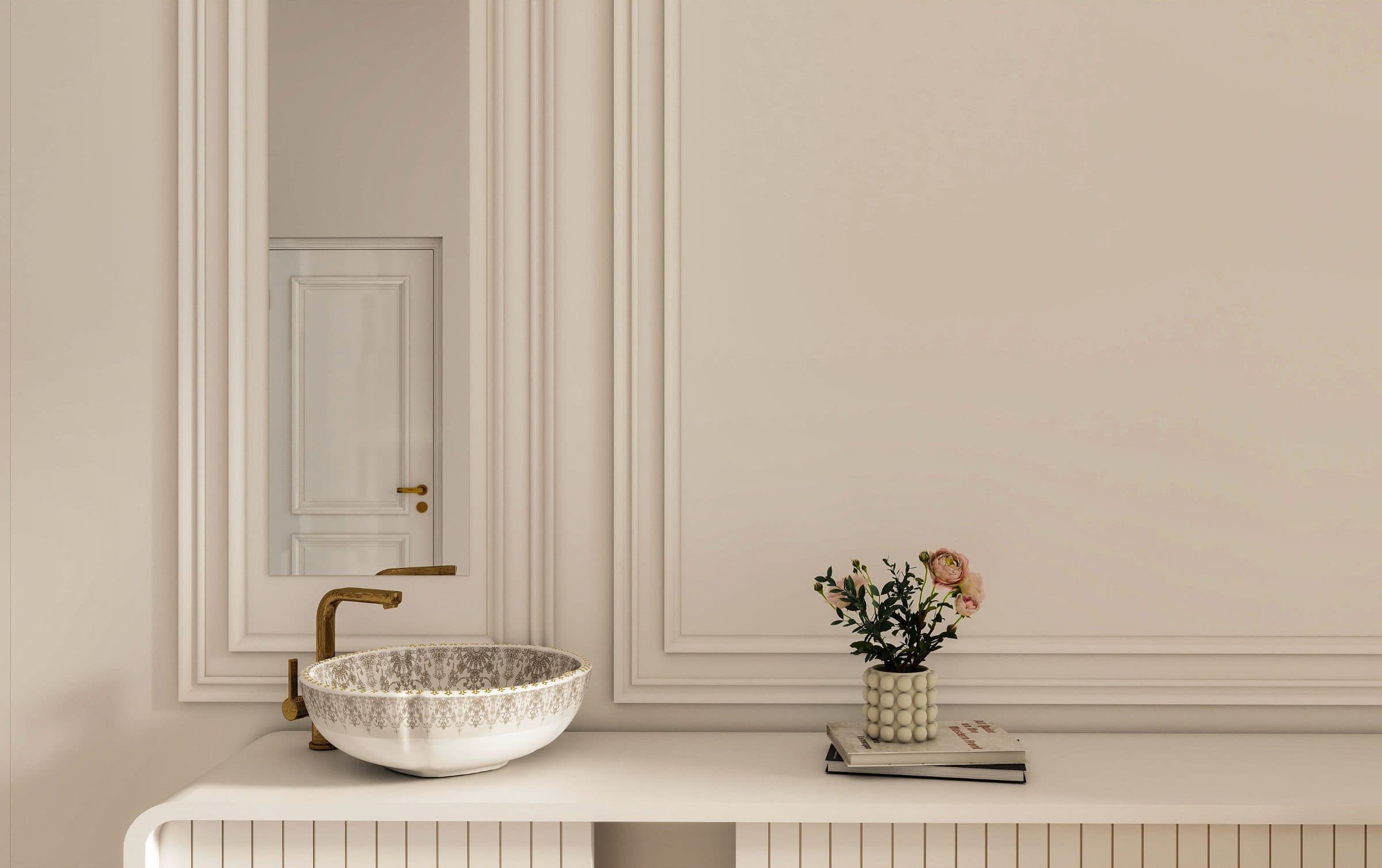Hand-decorated washbasin on a fluted console, with an aged brass tap and a slim panelled mirror